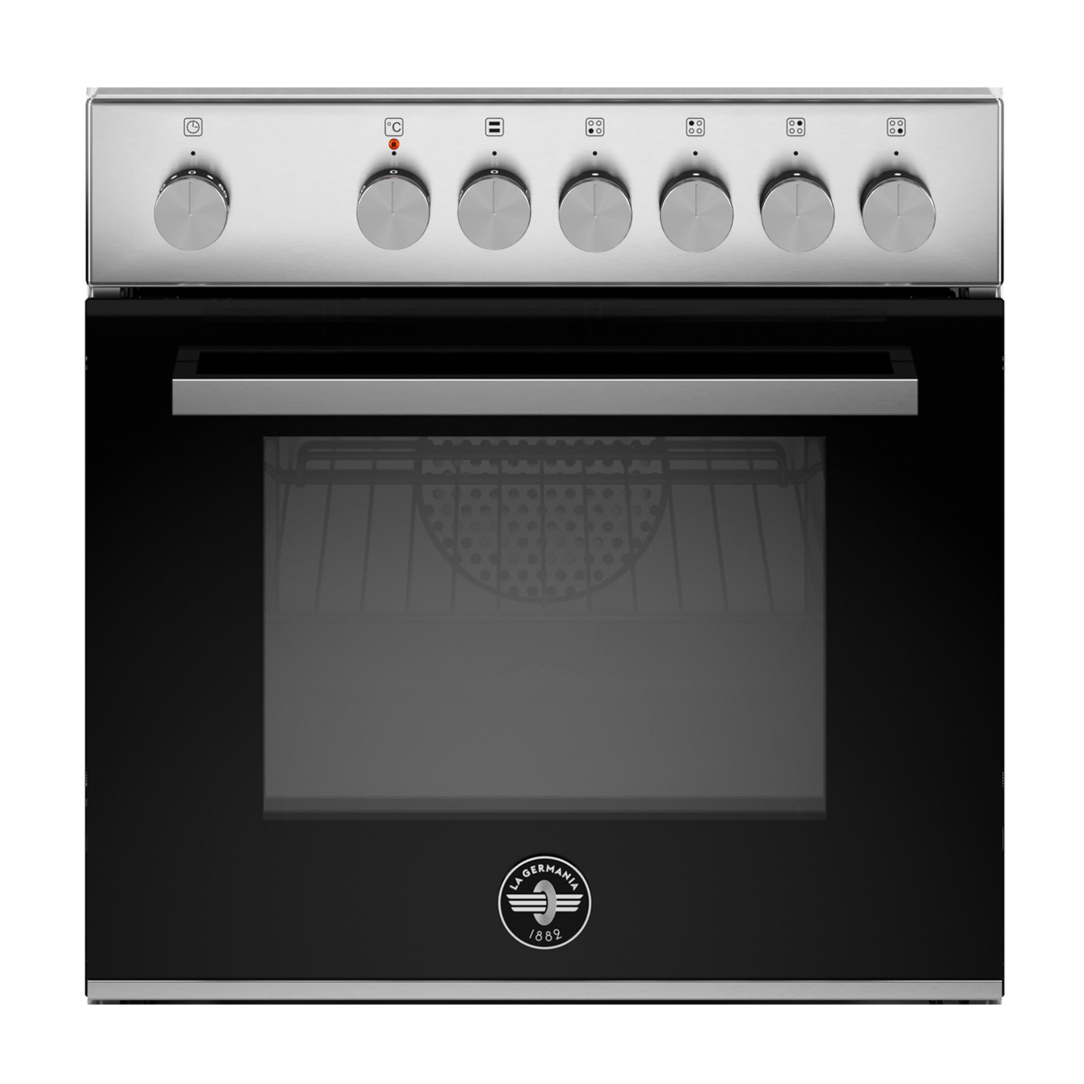 Forno moderno argentato con porta in vetro nero e manopole sopra.