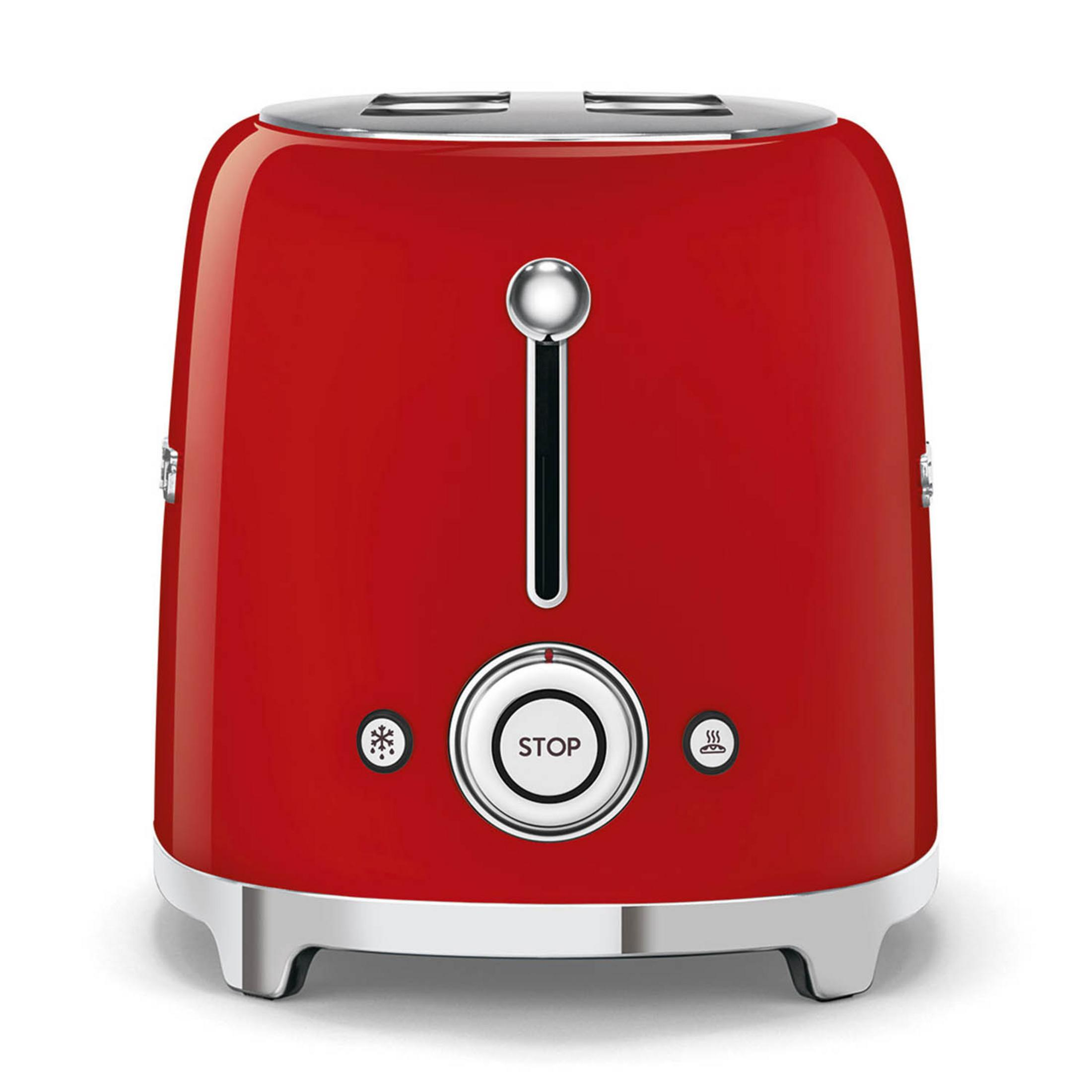 Czerwony toster z chromowanymi detalami i przyciskiem stop.