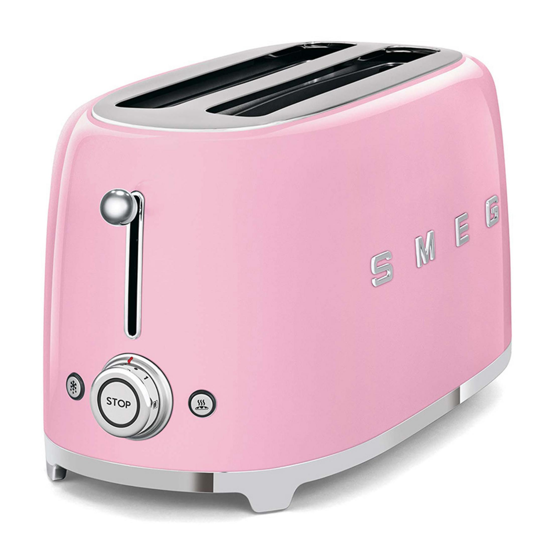 Ein rosa SMEG-Toaster mit Chromdetails, zwei Schlitzen und Bedienelementen.