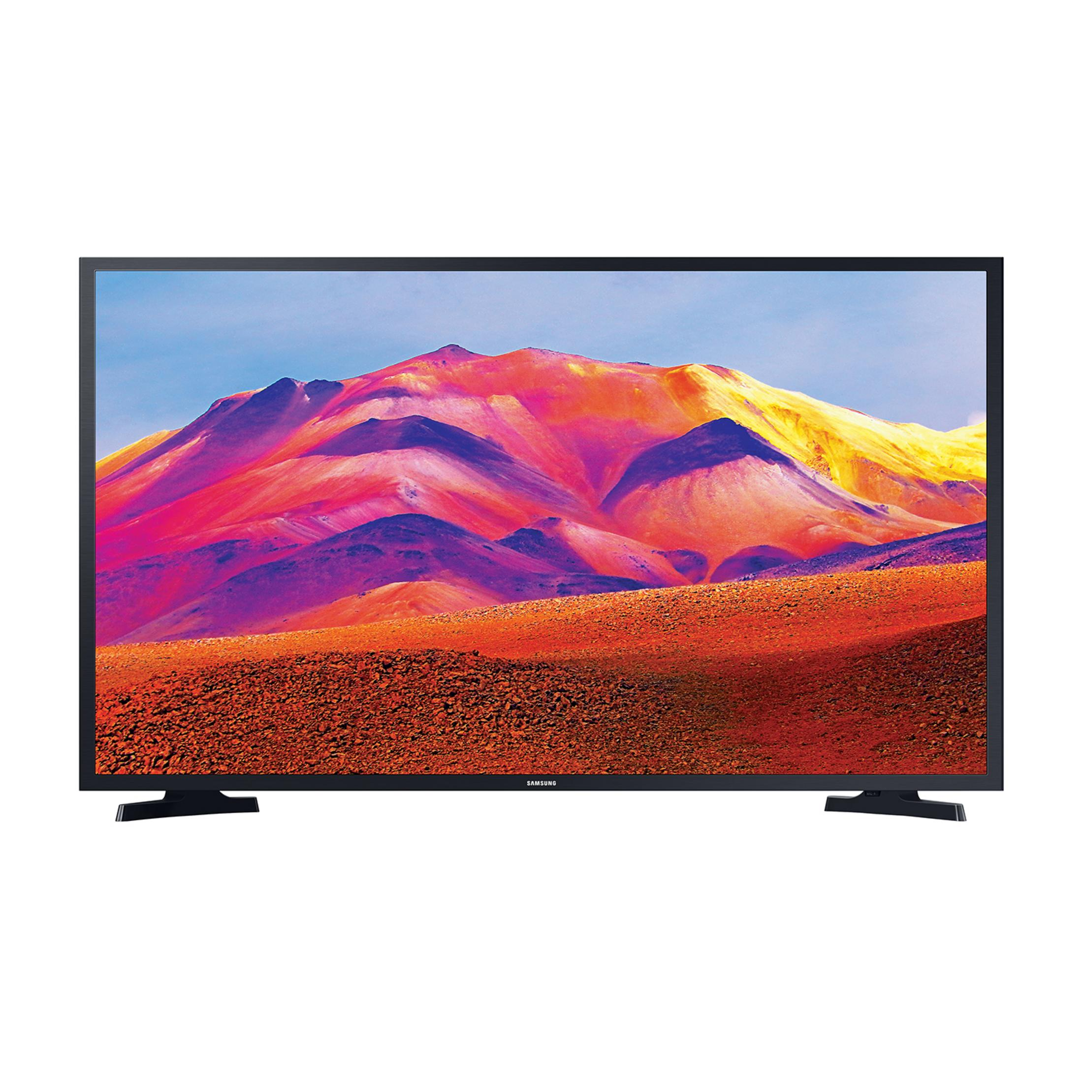 Un televisor Samsung negro muestra un paisaje montañoso colorido.