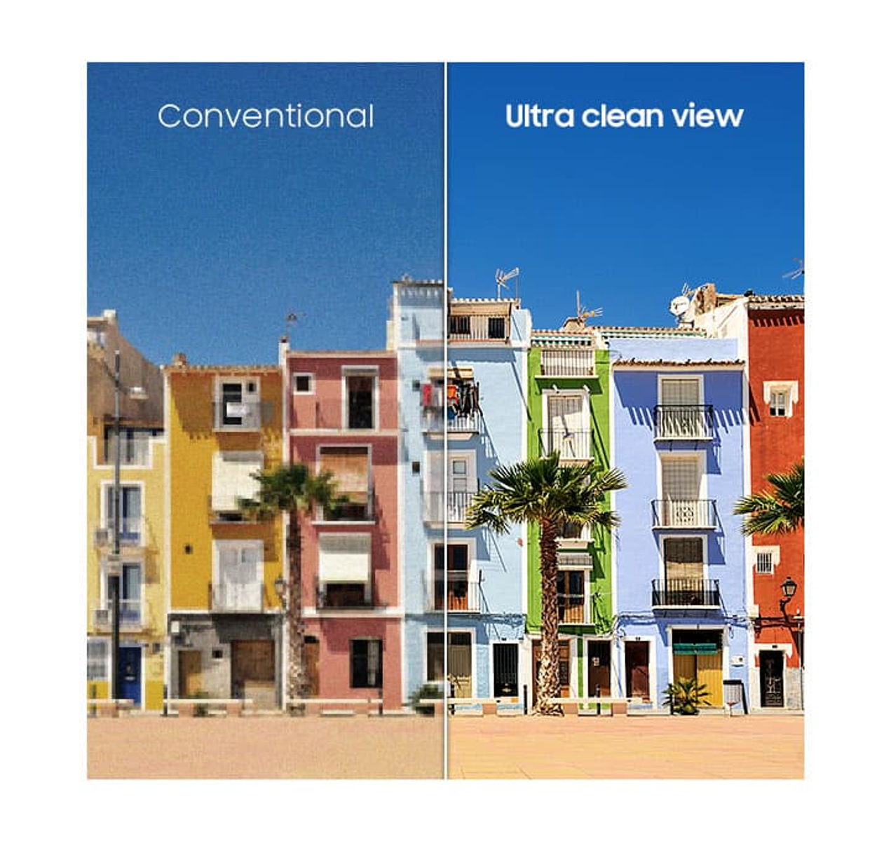 Comparación: Vista convencional vs. ultra limpia de edificios coloridos.