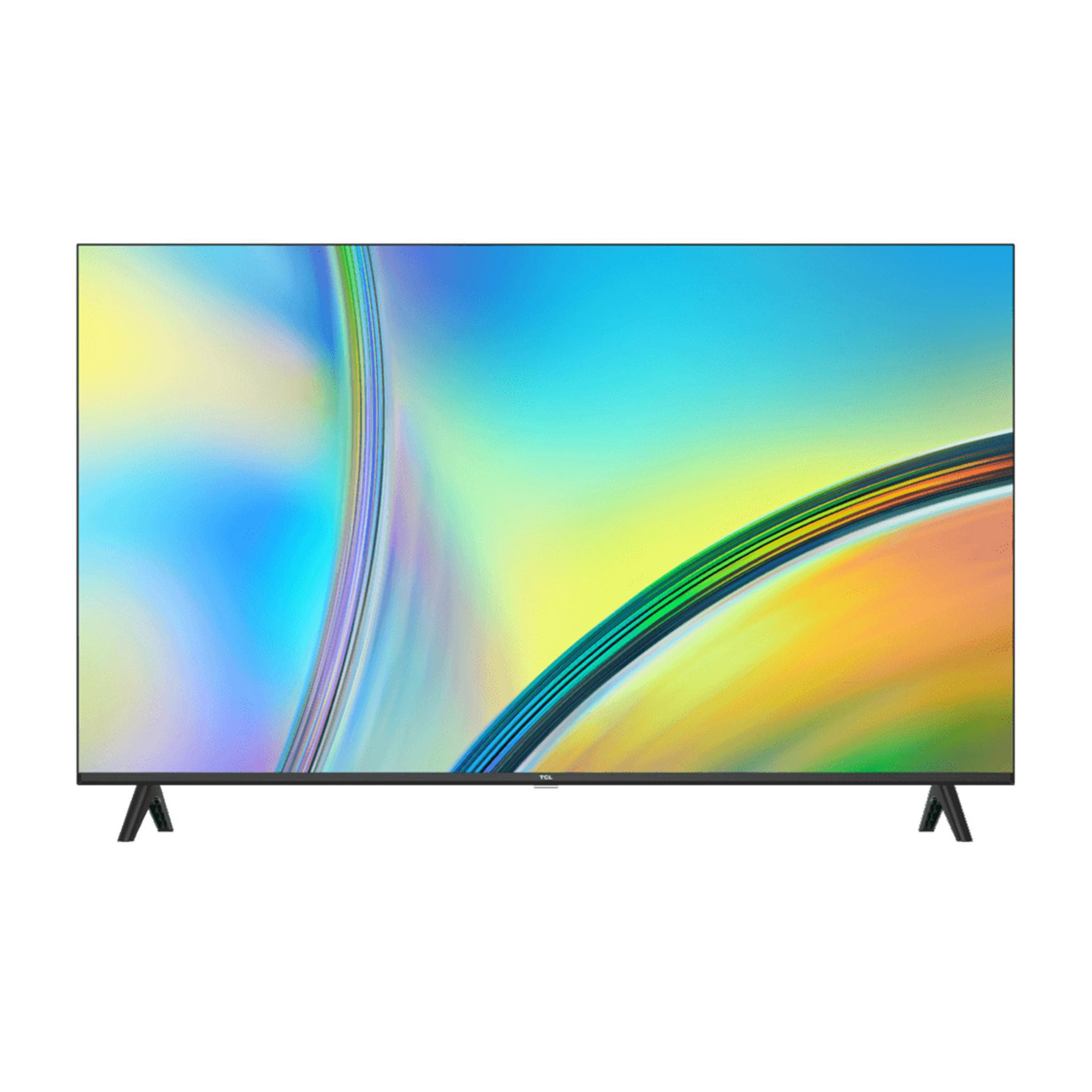 Un televisor negro con una imagen de fondo abstracta y colorida.