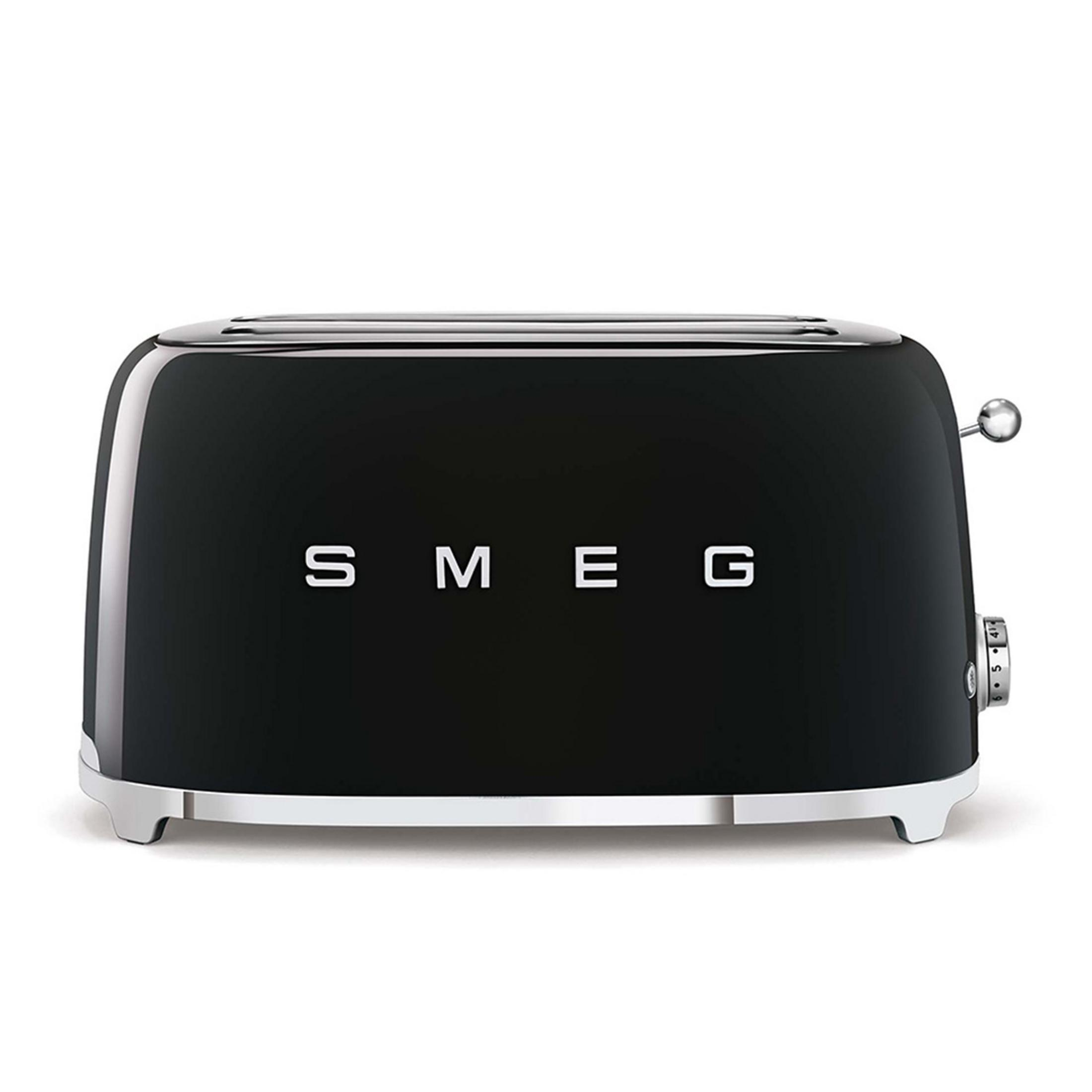 Ein schwarzer SMEG-Toaster mit Chromdetails und einem Drehknopf.