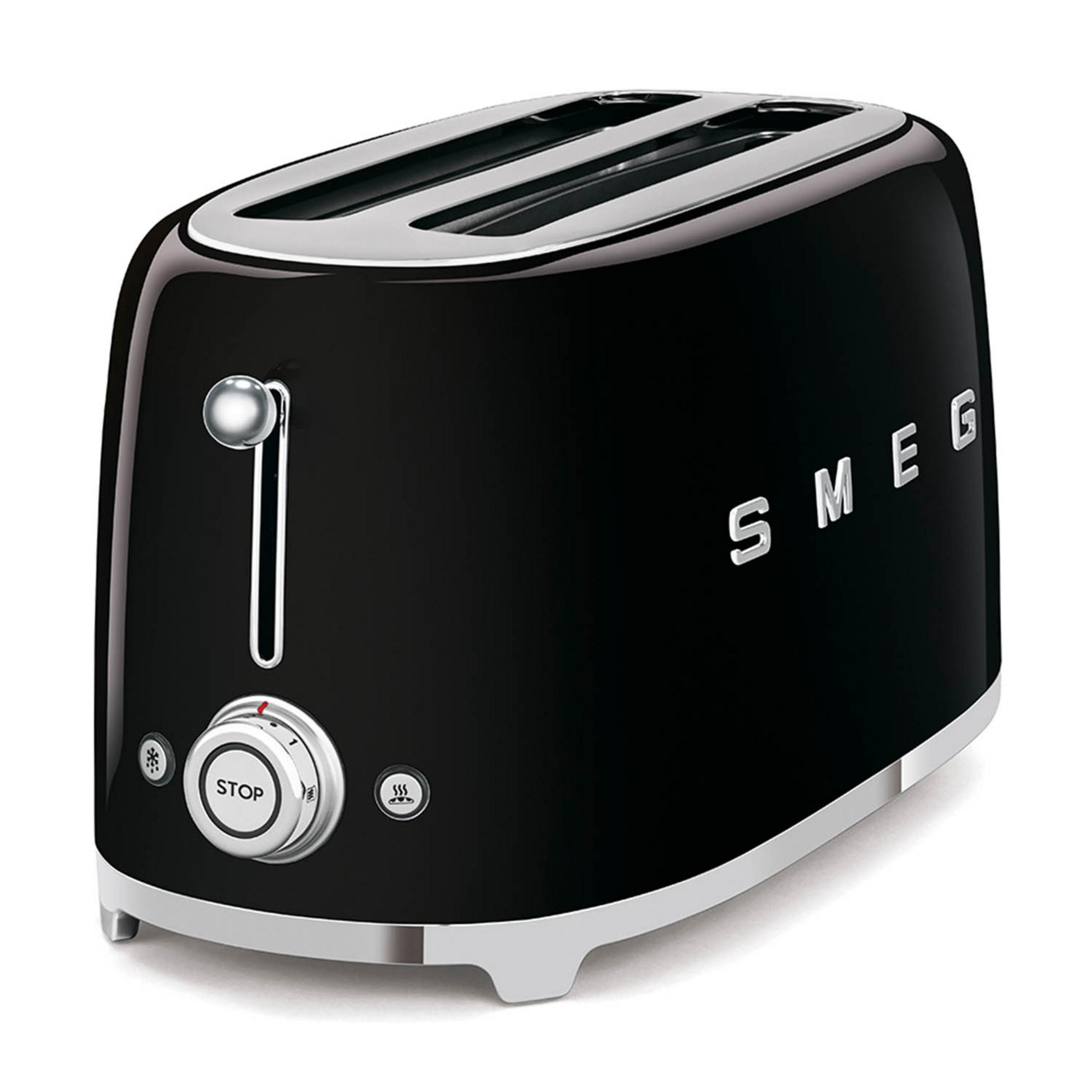 Schwarzer Smeg-Toaster mit Chromdetails und Bedienelementen.