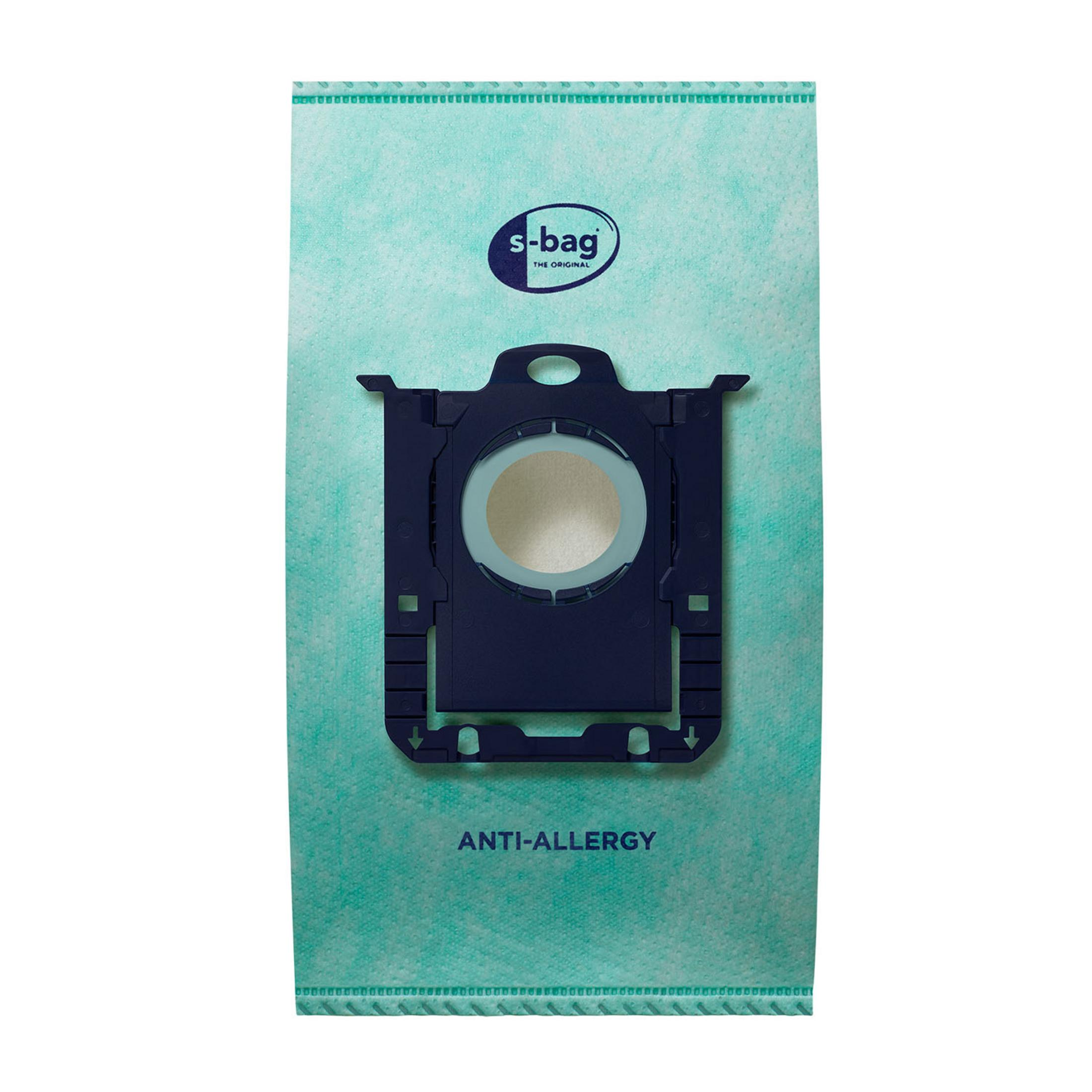 Ein blauer Staubsaugerbeutel mit dem Aufdruck S-Bag Anti-Allergy.