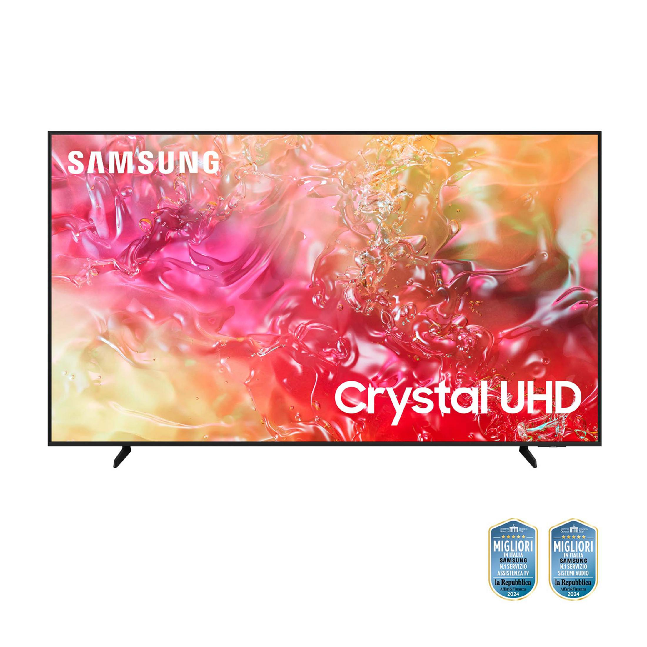 Telewizor Samsung Crystal UHD z żywym, płynnym tłem i nagrodami.