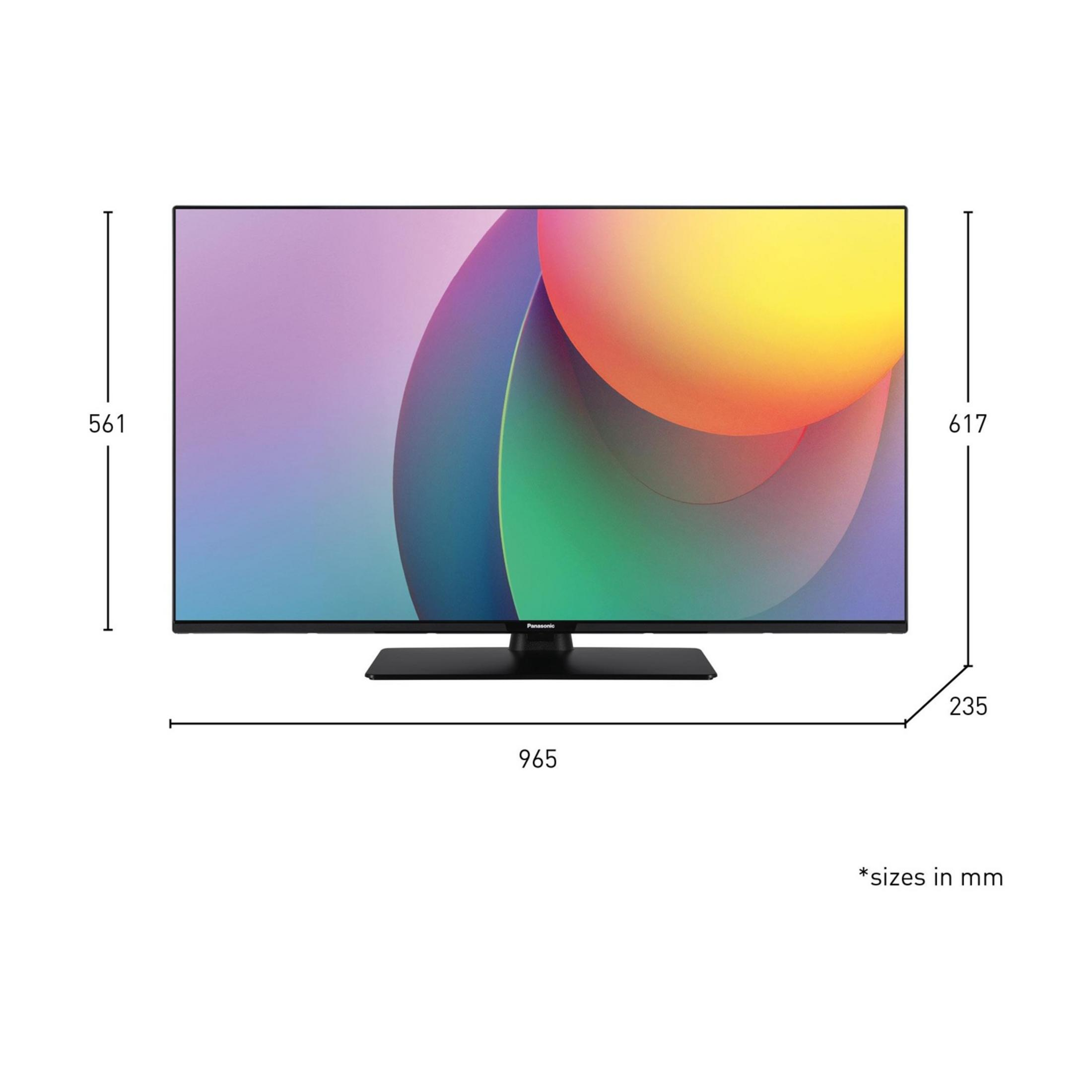 Telewizor Panasonic wyświetlający abstrakcyjne, kolorowe tło. Podano wymiary.