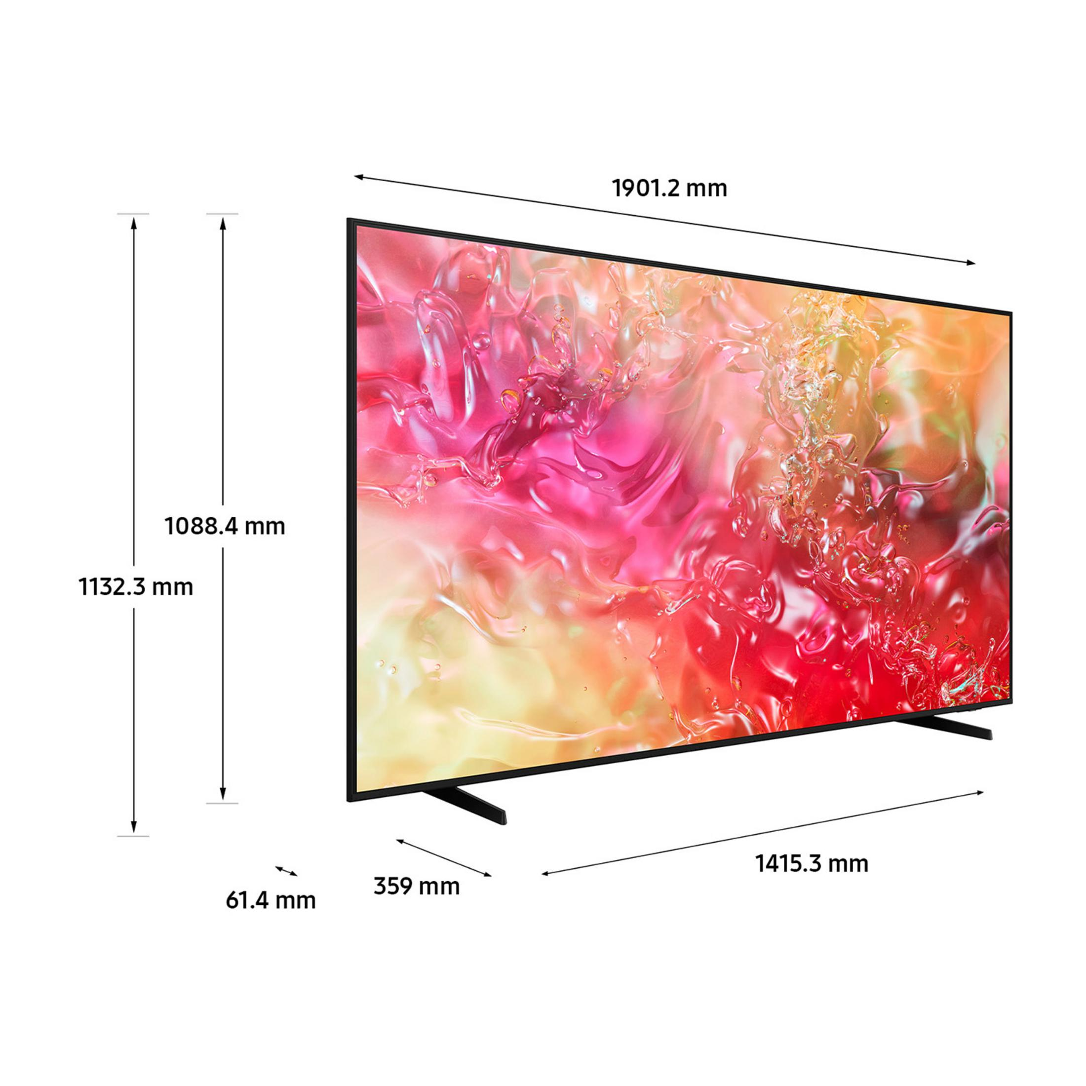 Pokazano duży telewizor z wymiarami.