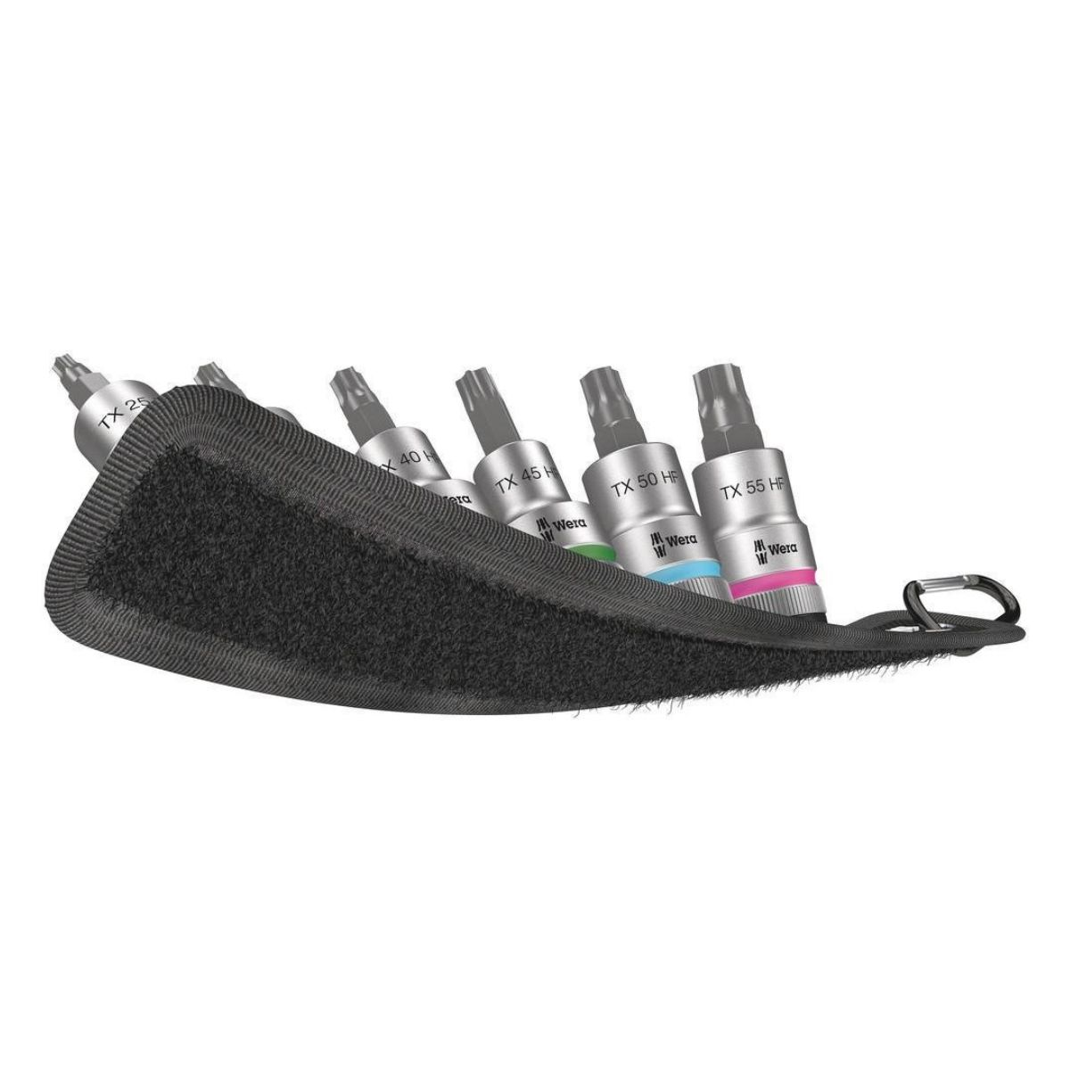 Bit-Set mit Torx-Bits in einer schwarzen Halterung, mit Größenangaben.