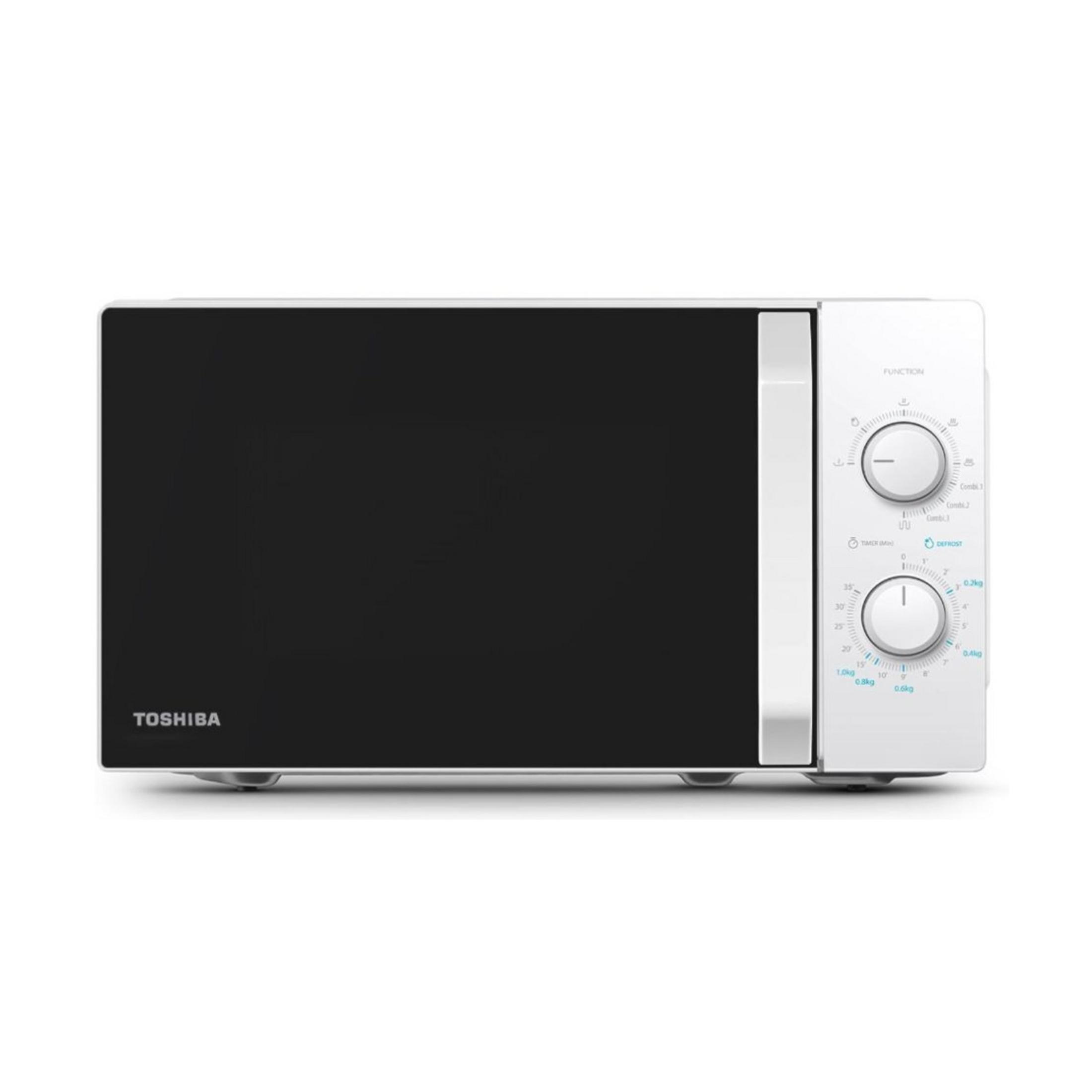 Eine weiße Toshiba Mikrowelle mit schwarzer Tür und zwei Drehknöpfen.