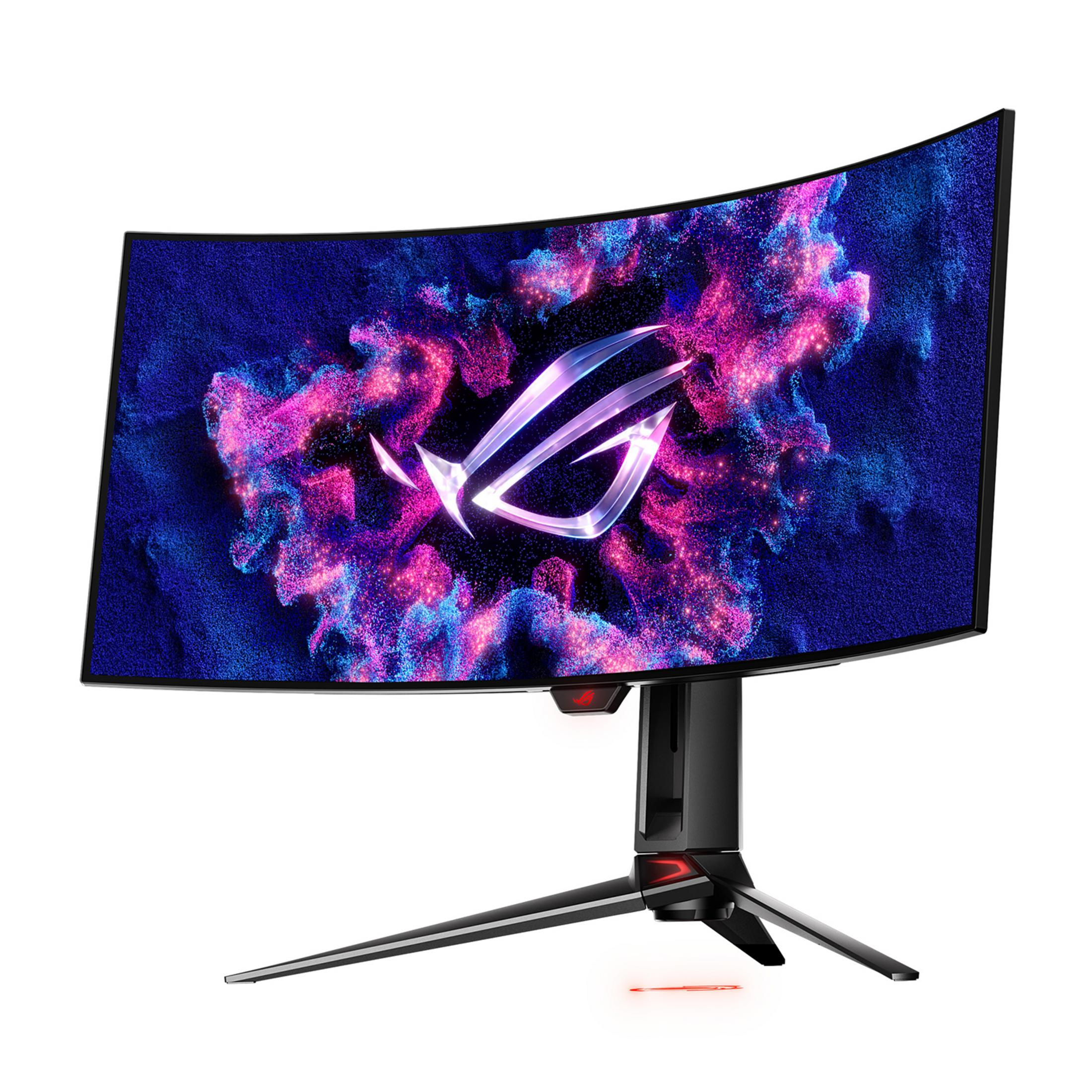 Zakrzywiony monitor z logo ROG i tłem z niebieskich i różowych cząsteczek.