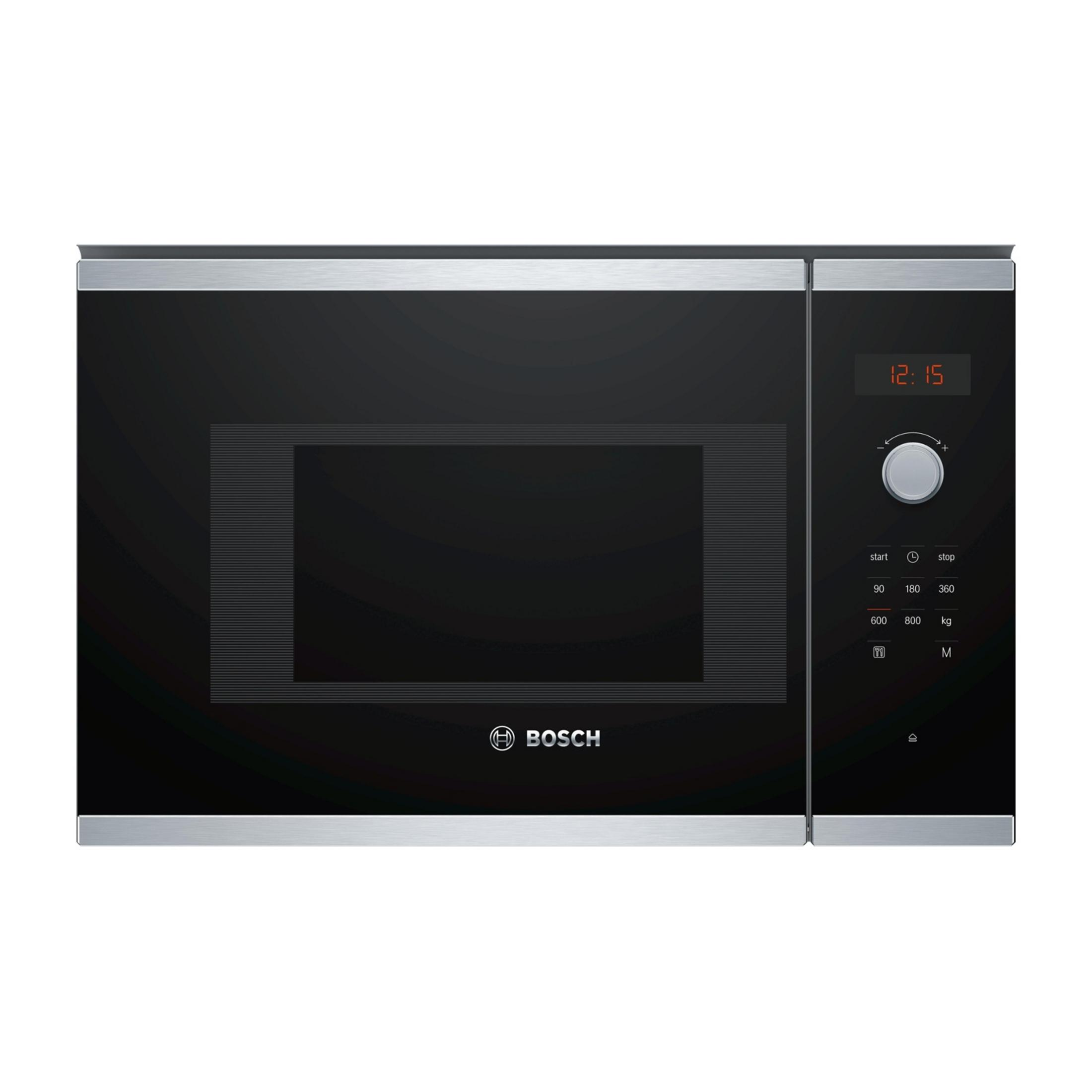 Moderno microonde Bosch nero con finiture argentate e display digitale.