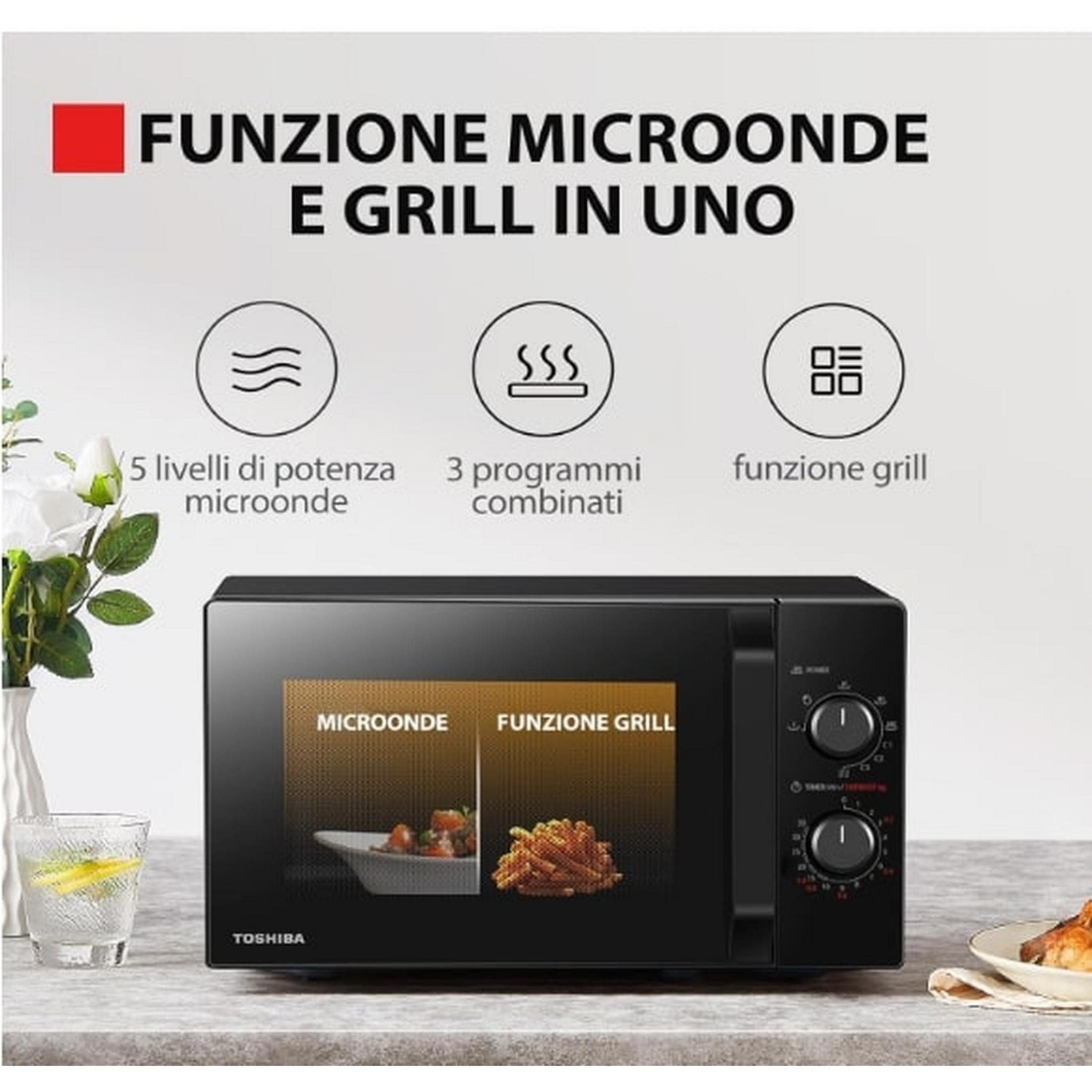 Czarna kuchenka mikrofalowa z tekstem i ikonami podkreślającymi funkcje mikrofalowe i grill.