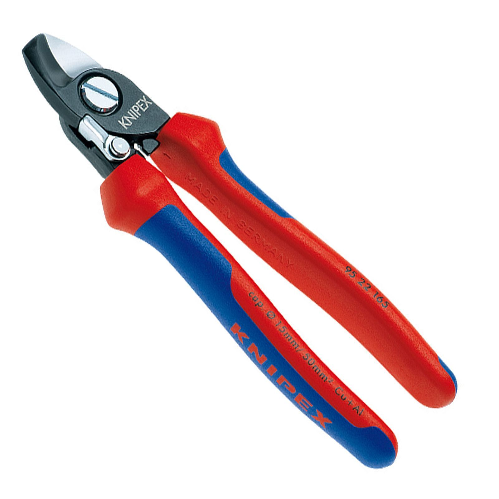 Rote und blaue Zange mit silbernen Klingen auf weißem Hintergrund.