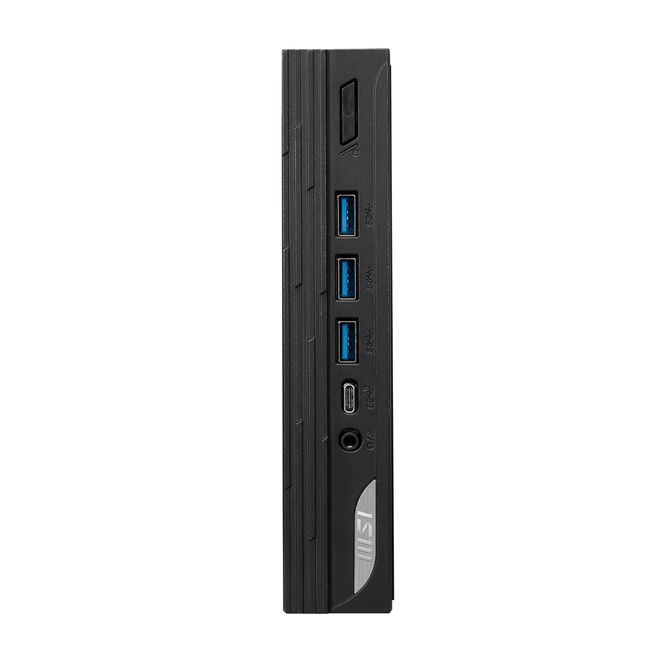 USB bağlantı noktaları, güç düğmesi ve MSI logosu olan siyah PC.