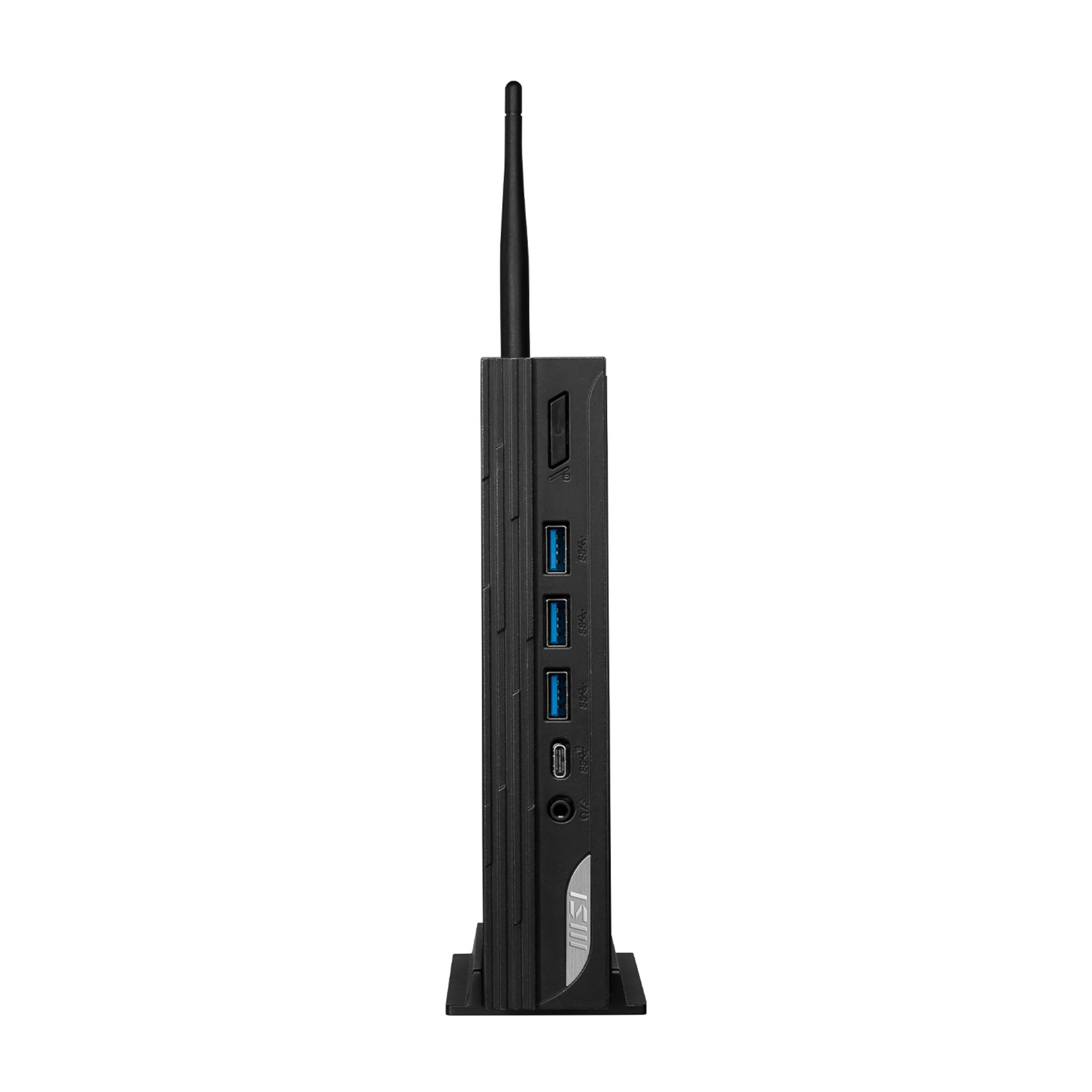 Antenli, USB bağlantı noktali ve ses jaklı siyah mini PC.