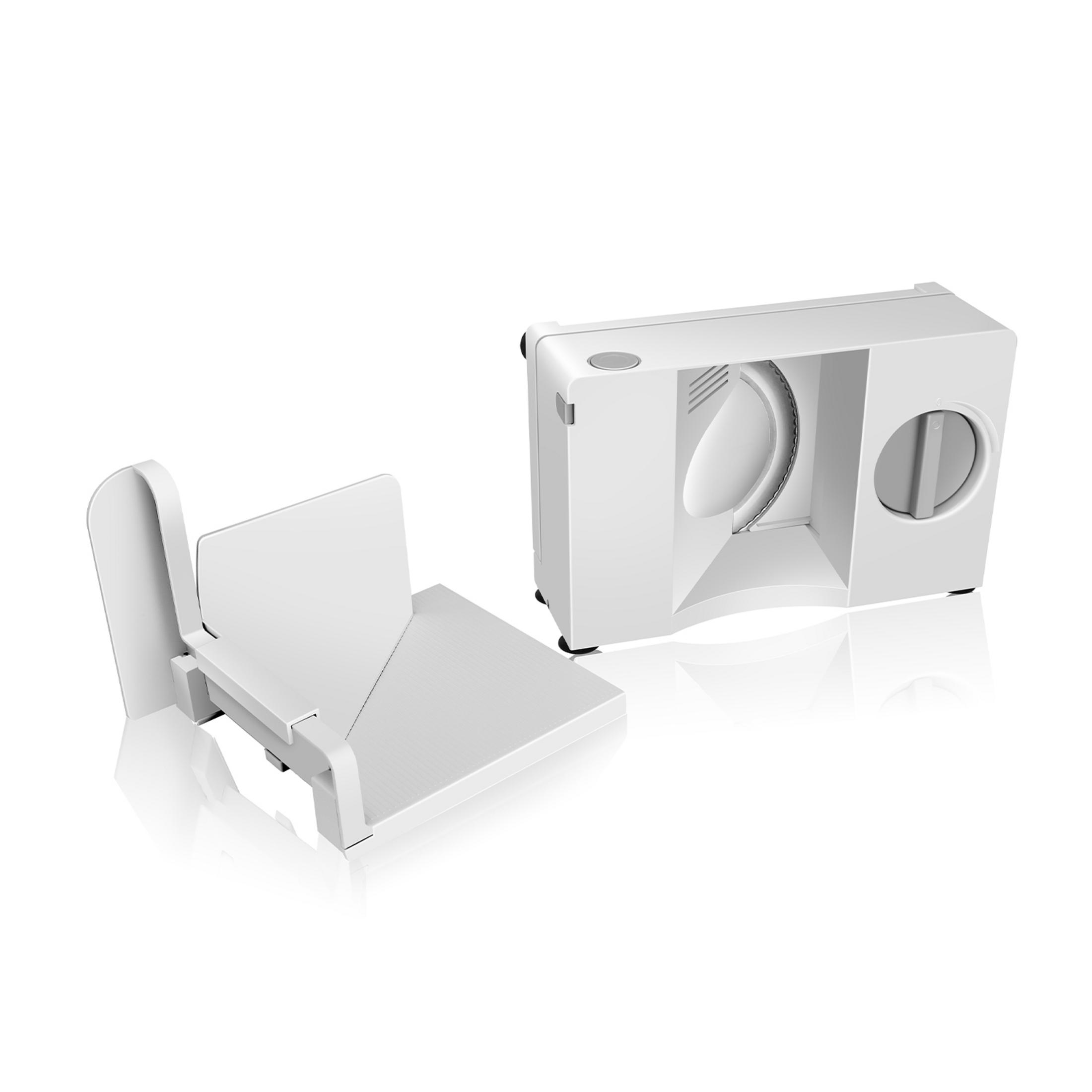 Biała krajalnica do warzyw z ostrzem i zasobnikiem do podawania.