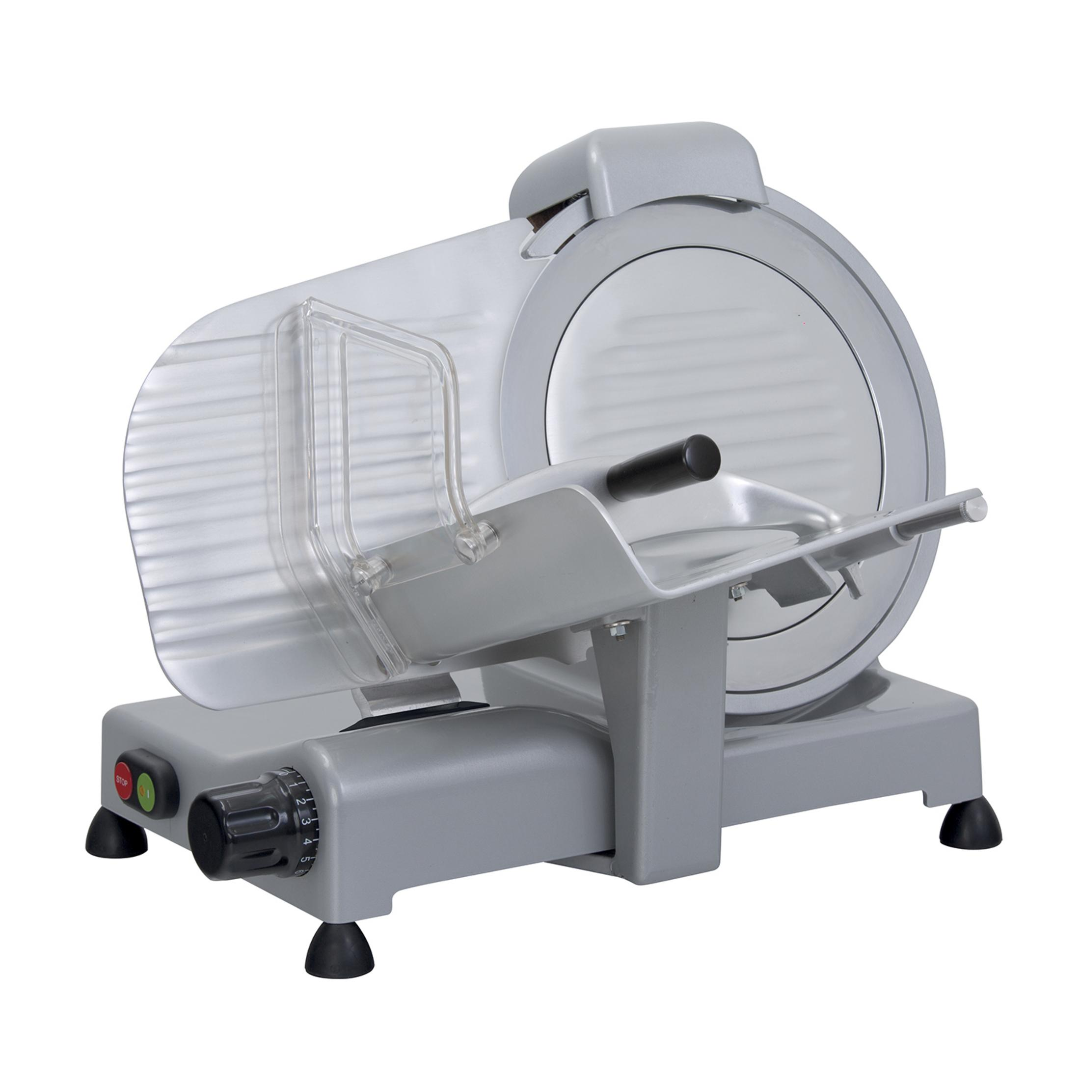 Szara elektryczna krajalnica do mięsa z osłoną ostrza i pokrętłem grubości.