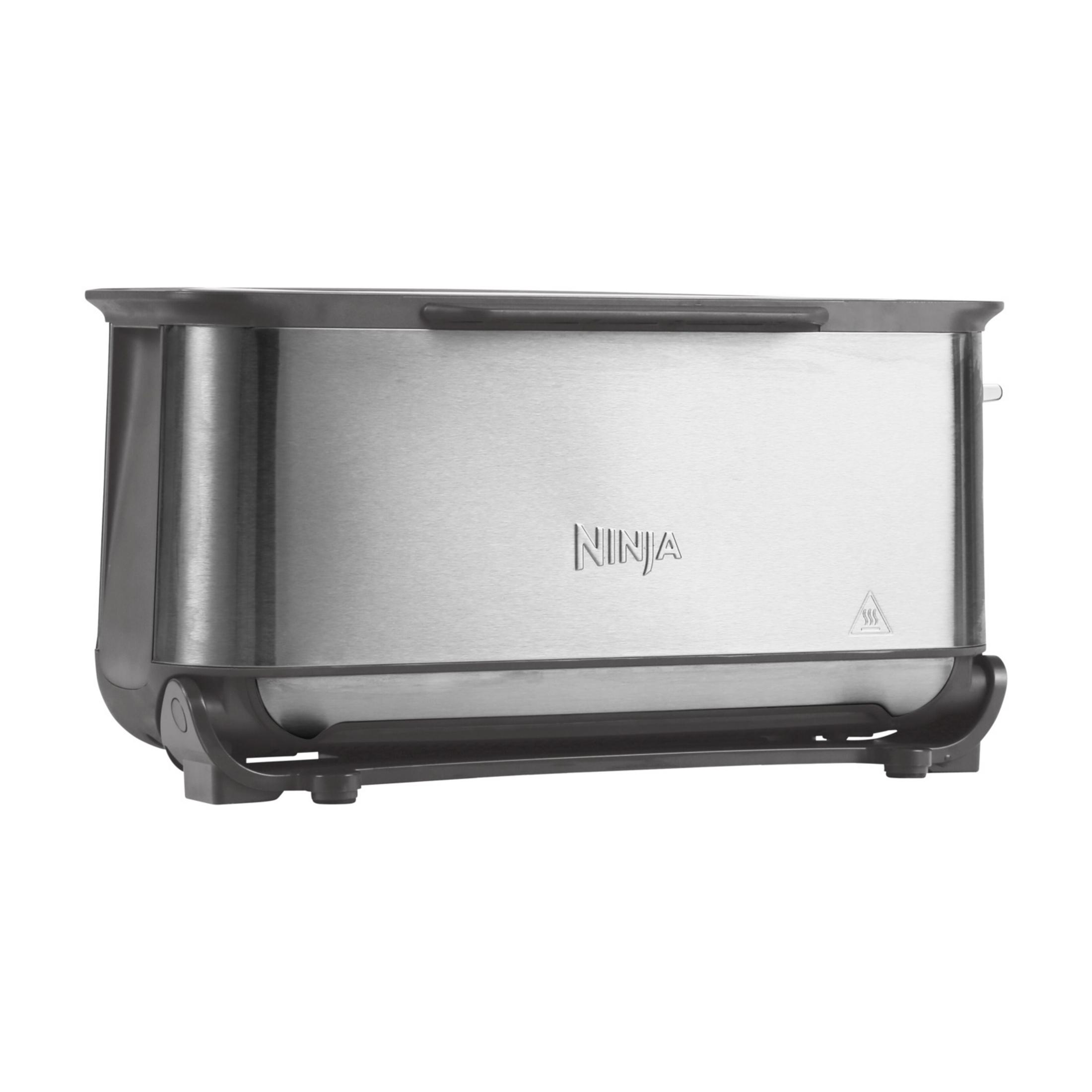 Srebrny toster Ninja z czarną podstawą i rączką.