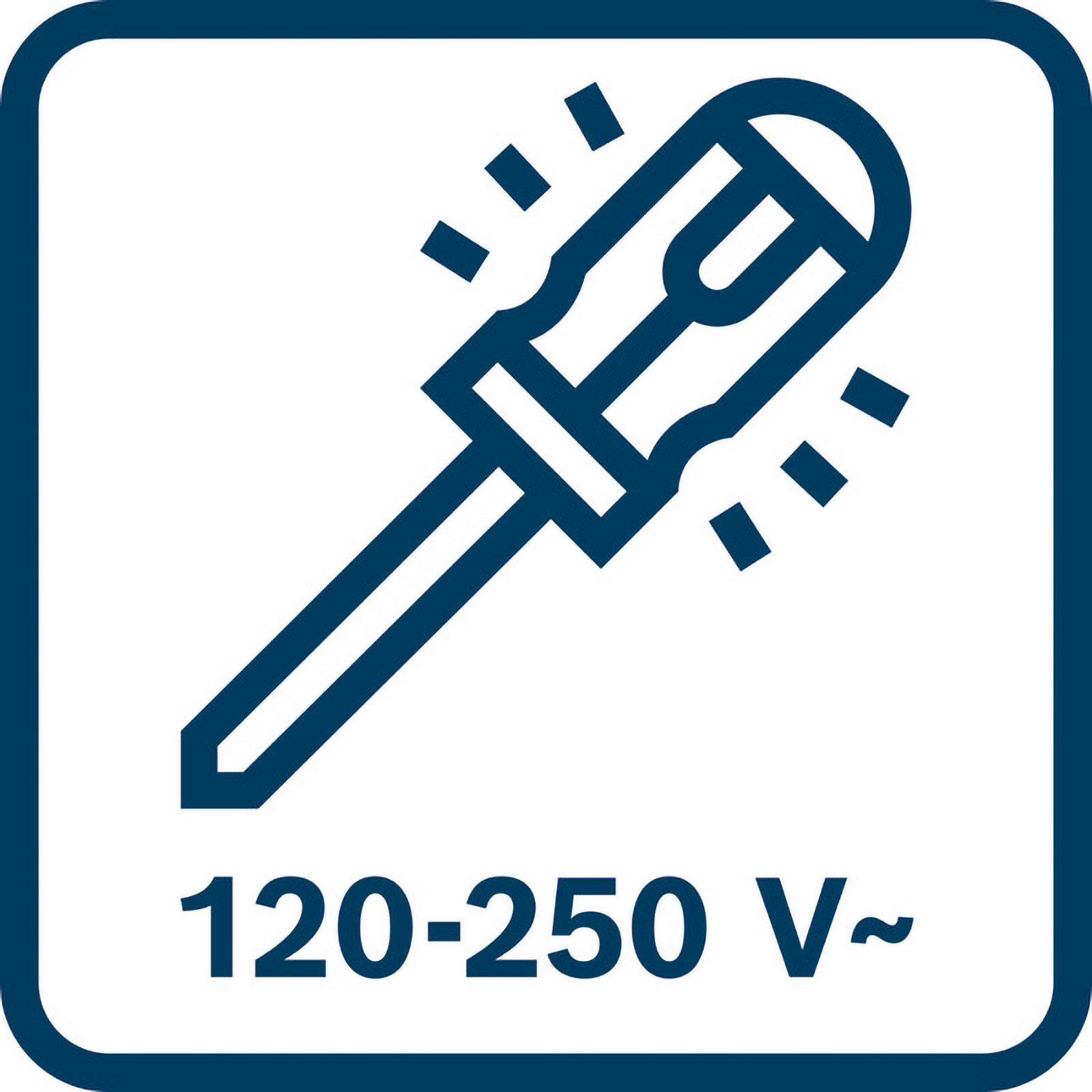 120-250V~ gösteren bir tornavida simgesi.