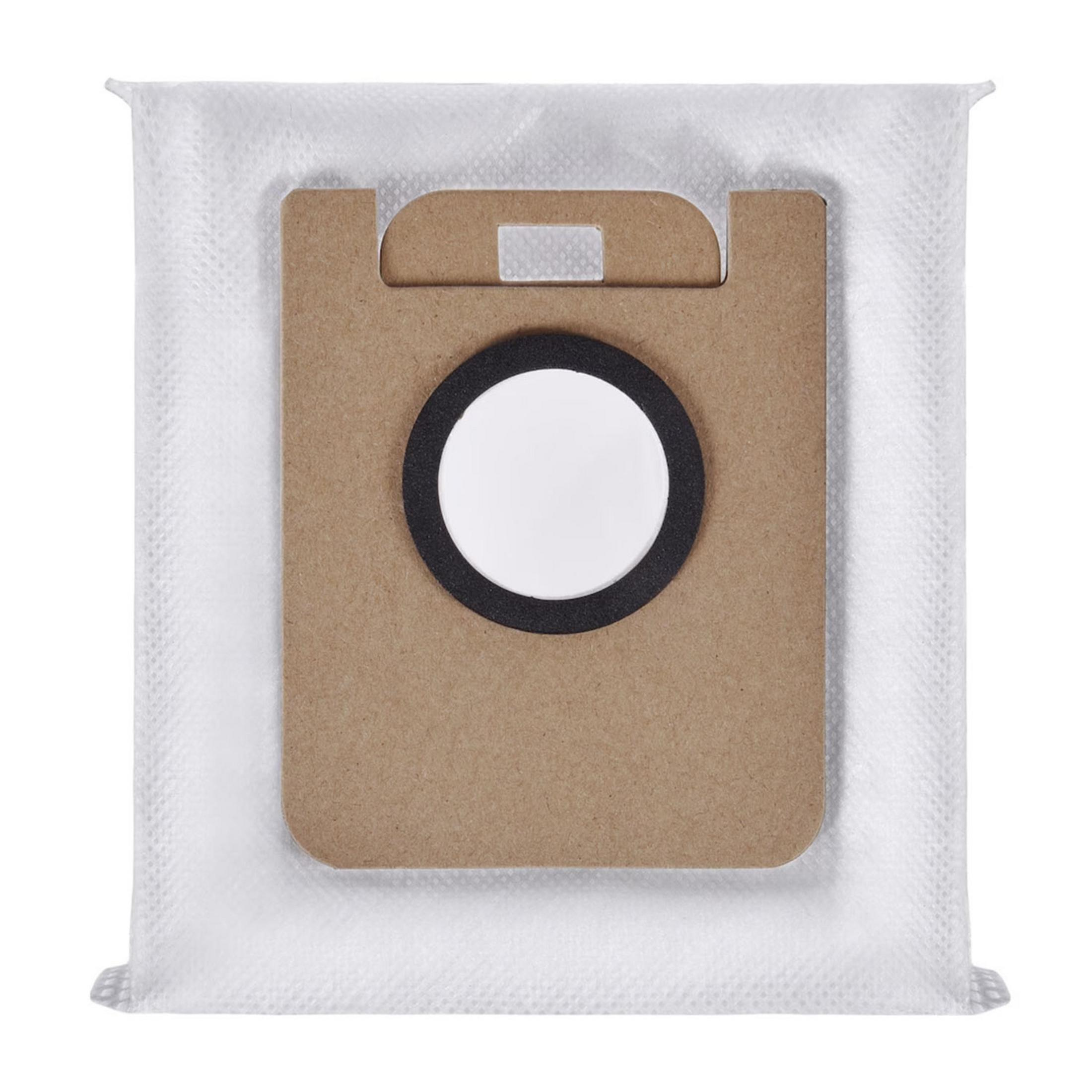Un sac d'aspirateur blanc avec un dessus en carton marron et un anneau noir.