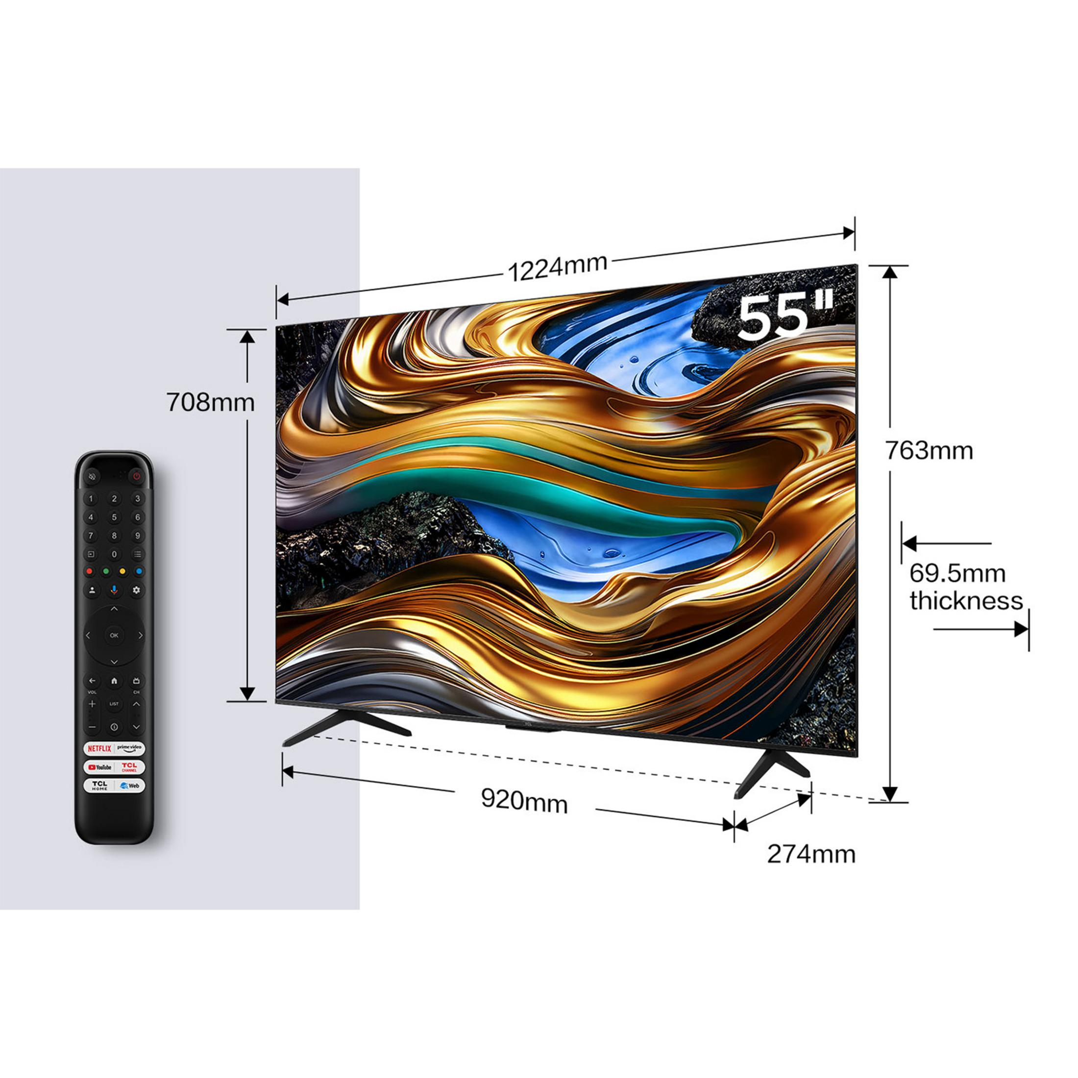 Un televisor de 55 pulgadas con dimensiones y un mando.