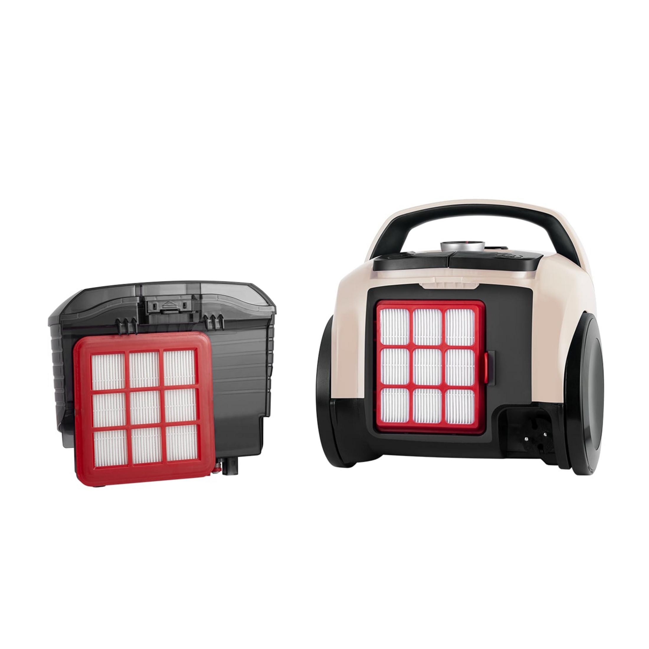 Pojemnik odkurzacza i filtry obok siebie na białym tle.