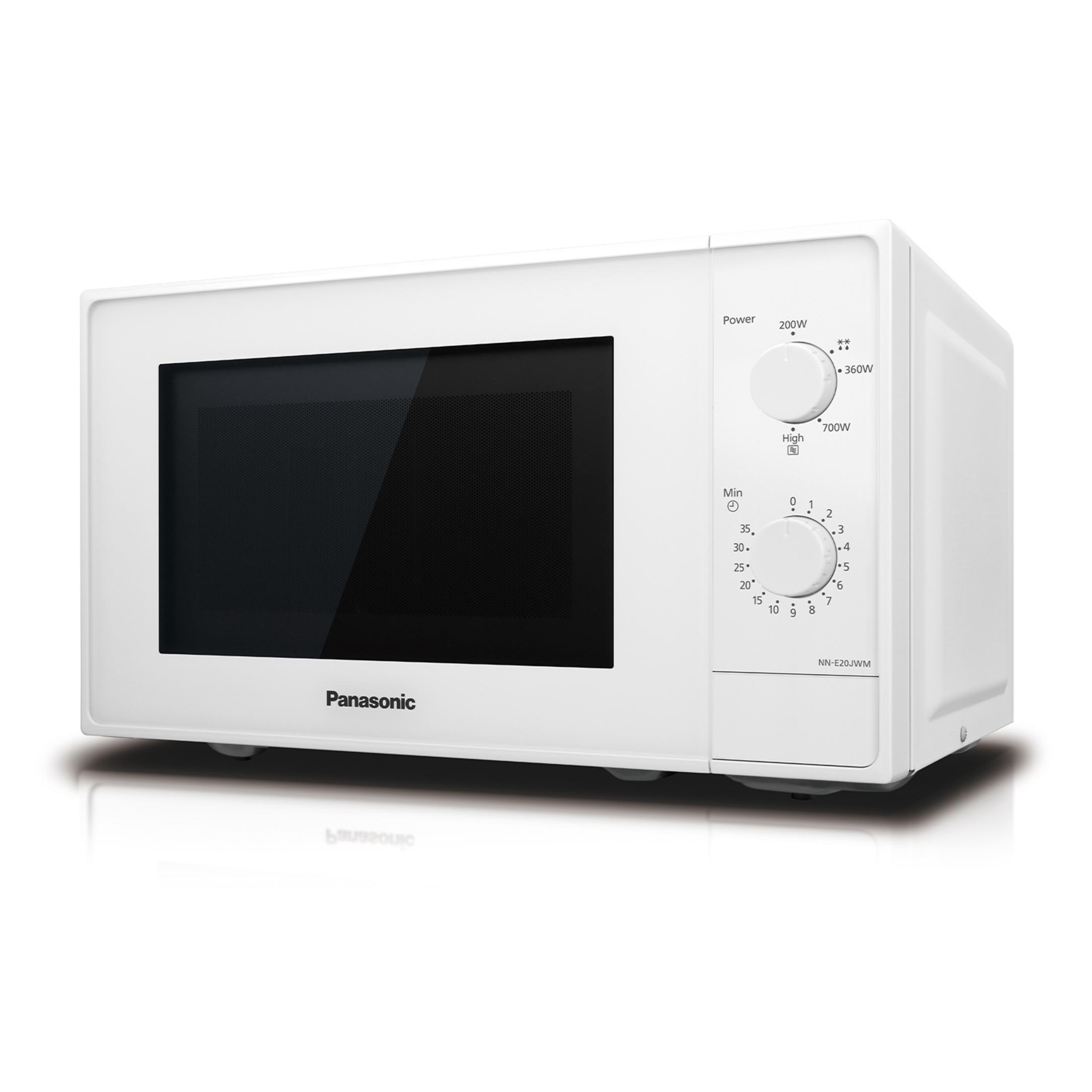 Microondas Panasonic blanco con diales giratorios para potencia y tiempo.