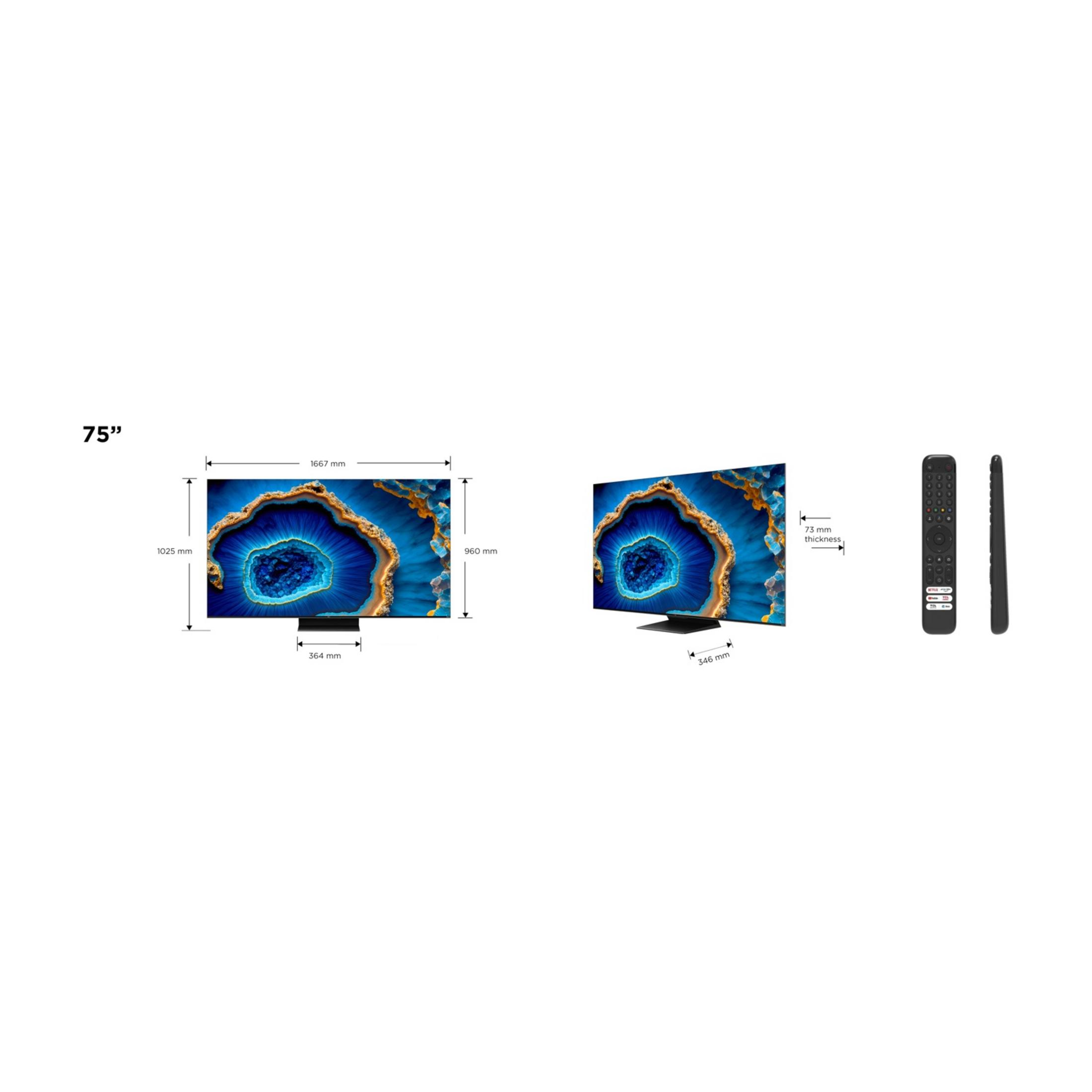 Televisor de 75 pulgadas con dimensiones y mando.