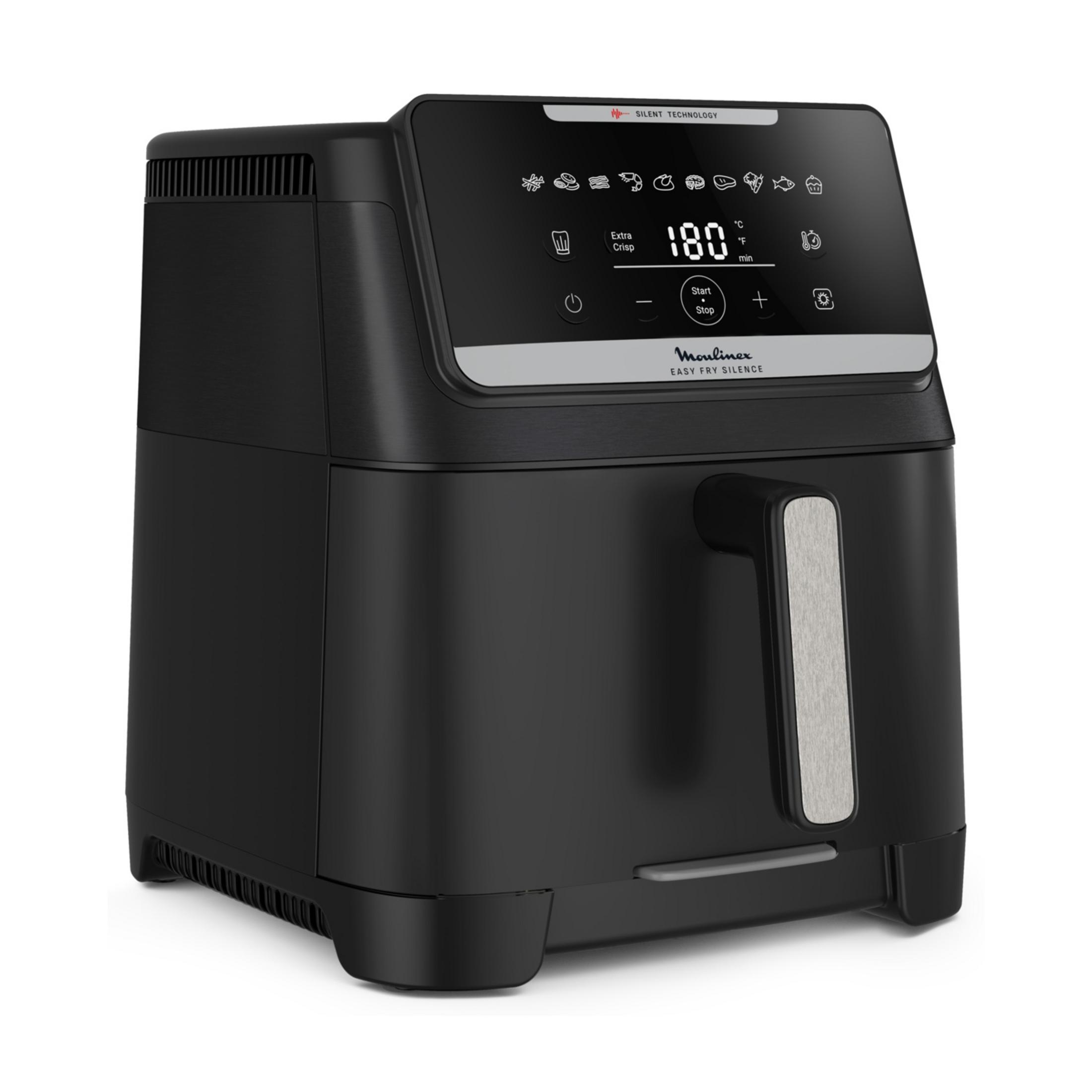 Schwarzer Heißluftfritteuse mit digitalem Display, das 180 Grad anzeigt.
