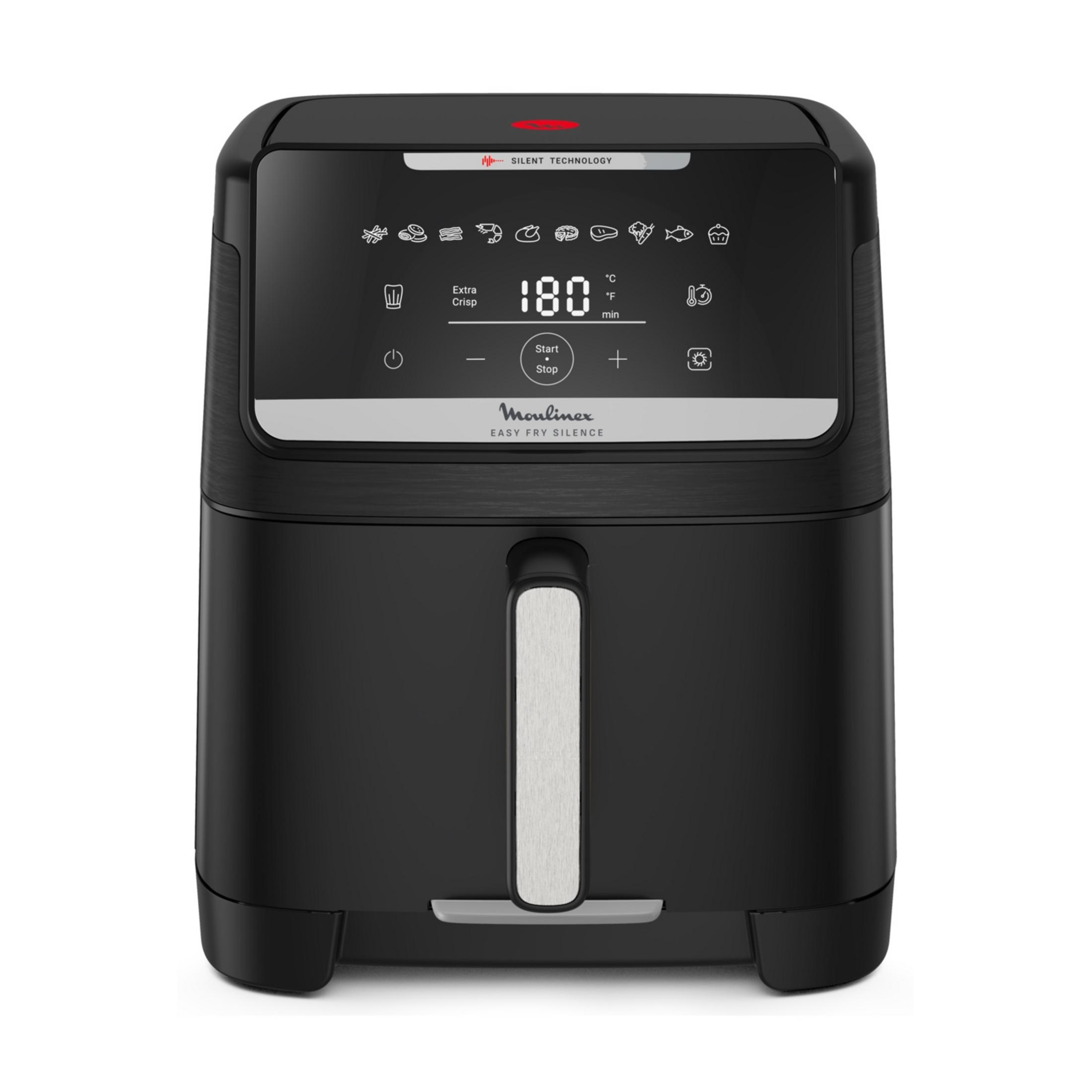 Schwarzer Moulinex Heißluftfritteuse mit digitalem Display und Kochsymbolen.