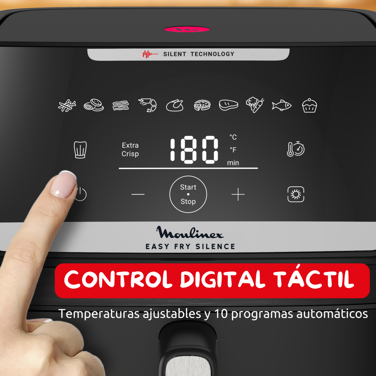 Digitales Touch-Display eines Moulinex Heißluftfritteusen mit 180°C und Kochsymbolen.