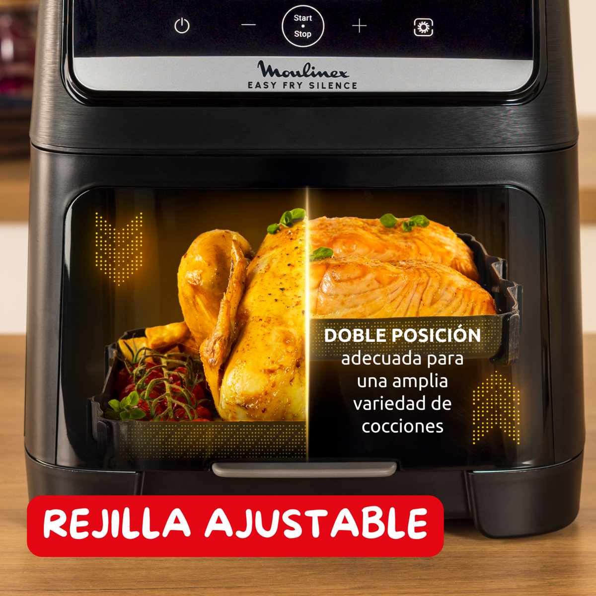 Ein Hähnchen und Lachs in einem schwarzen Airfryer mit Text.