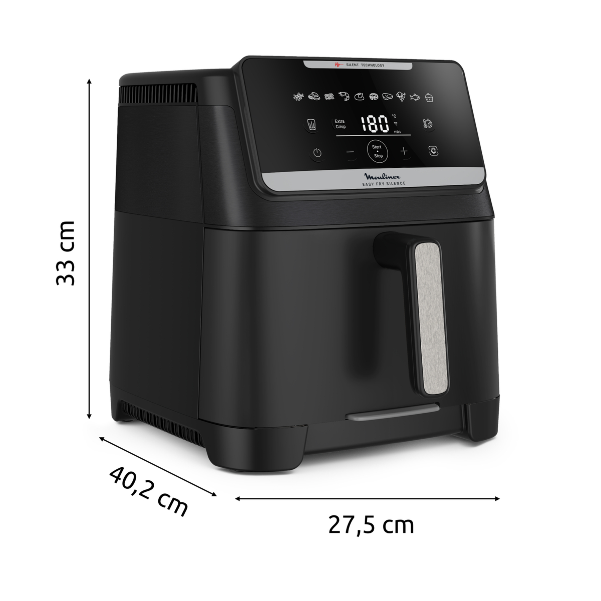 Schwarzer Moulinex Heißluftfritteuse mit digitalen Bedienelementen und Maßangaben.