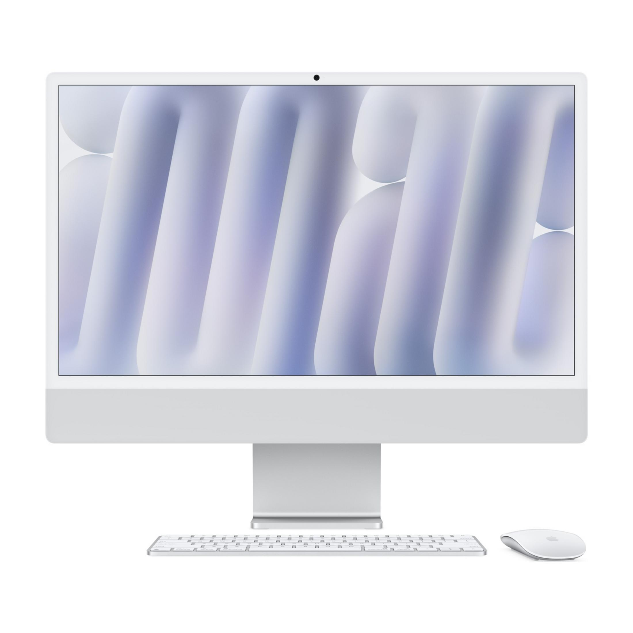 Un iMac bianco con tastiera e mouse su sfondo bianco.