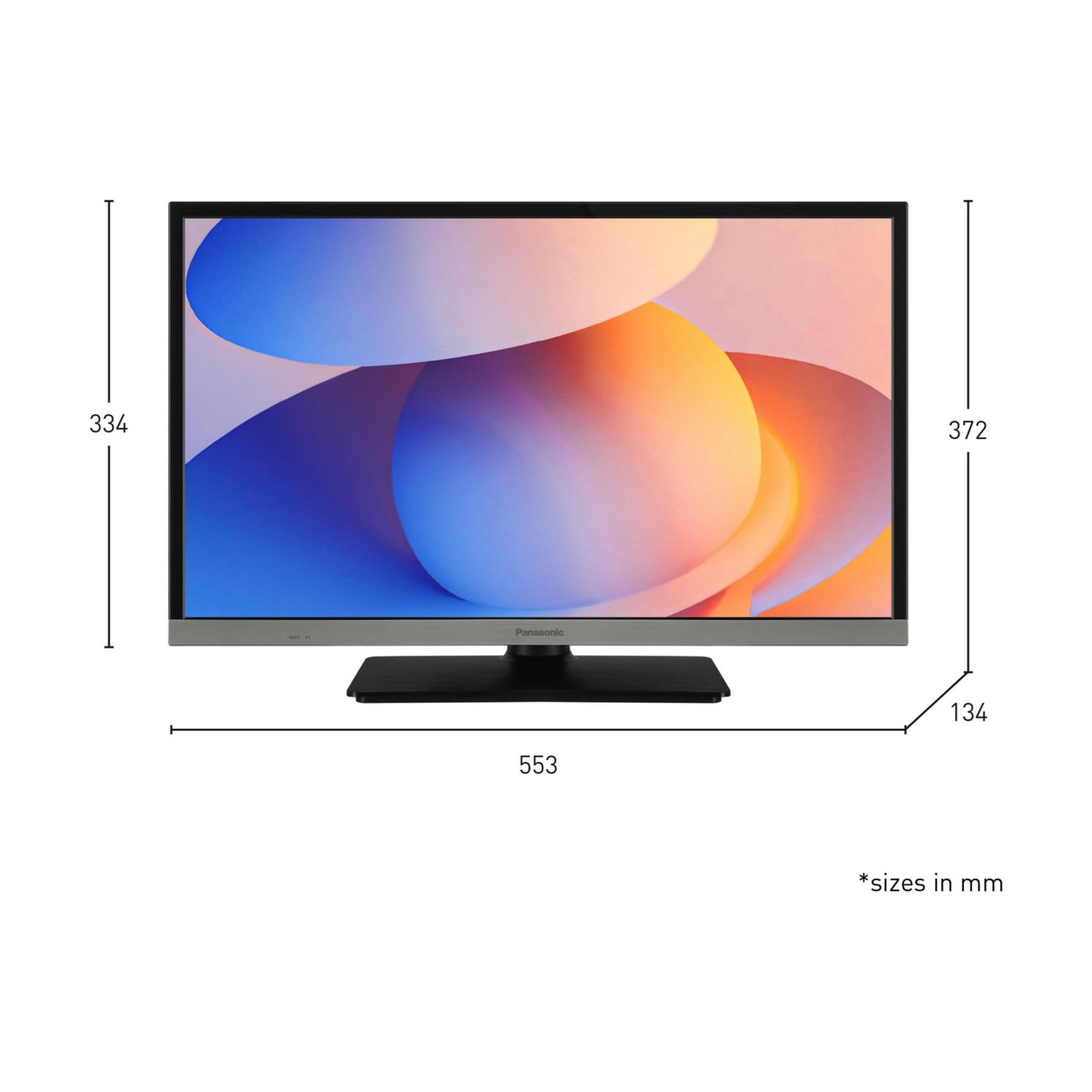 Telewizor Panasonic z abstrakcyjnym ekranem i wymiarami.