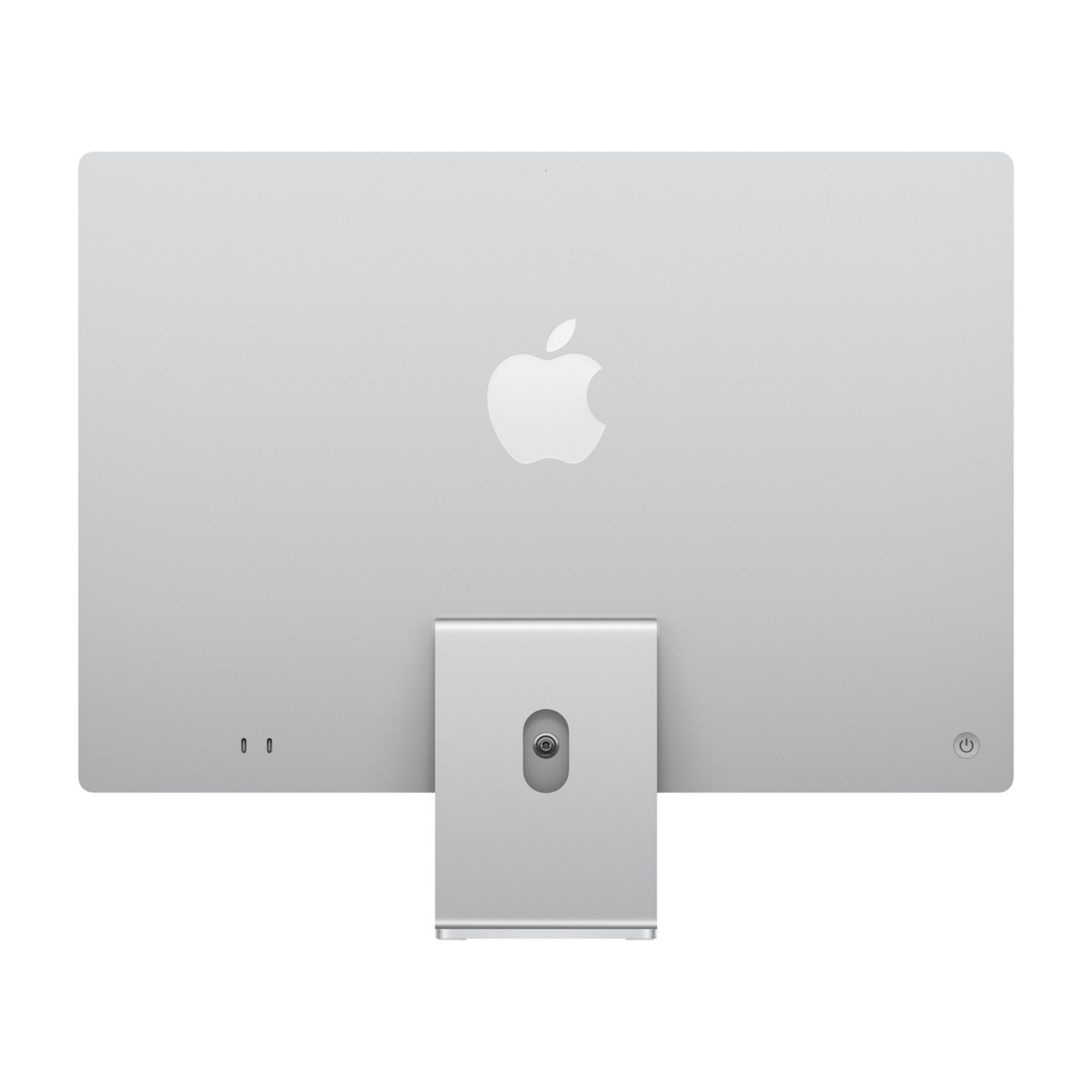 Retro di un iMac argentato con logo Apple, supporto e porte.