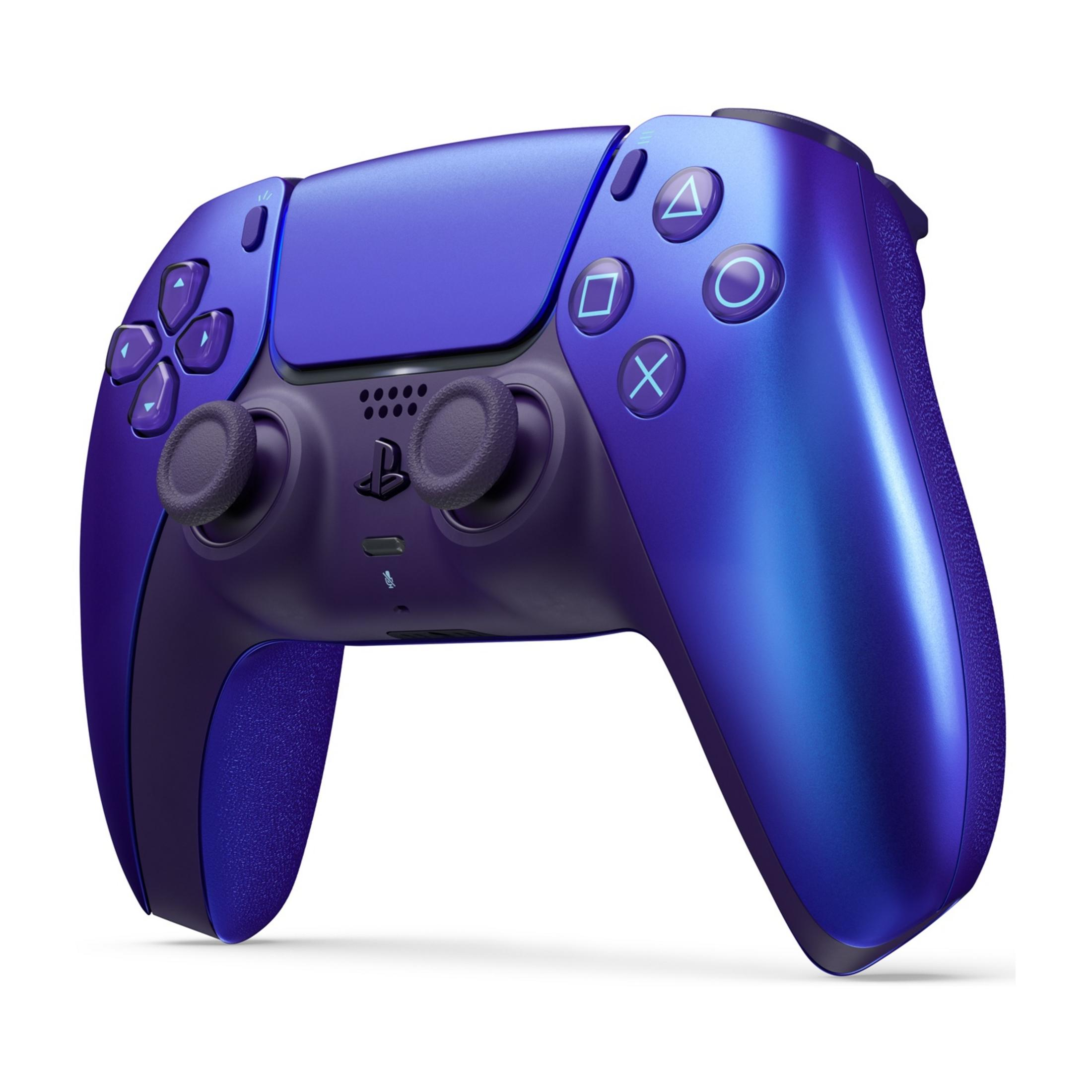 Fioletowy kontroler z niebieskimi akcentami, na białym tle.