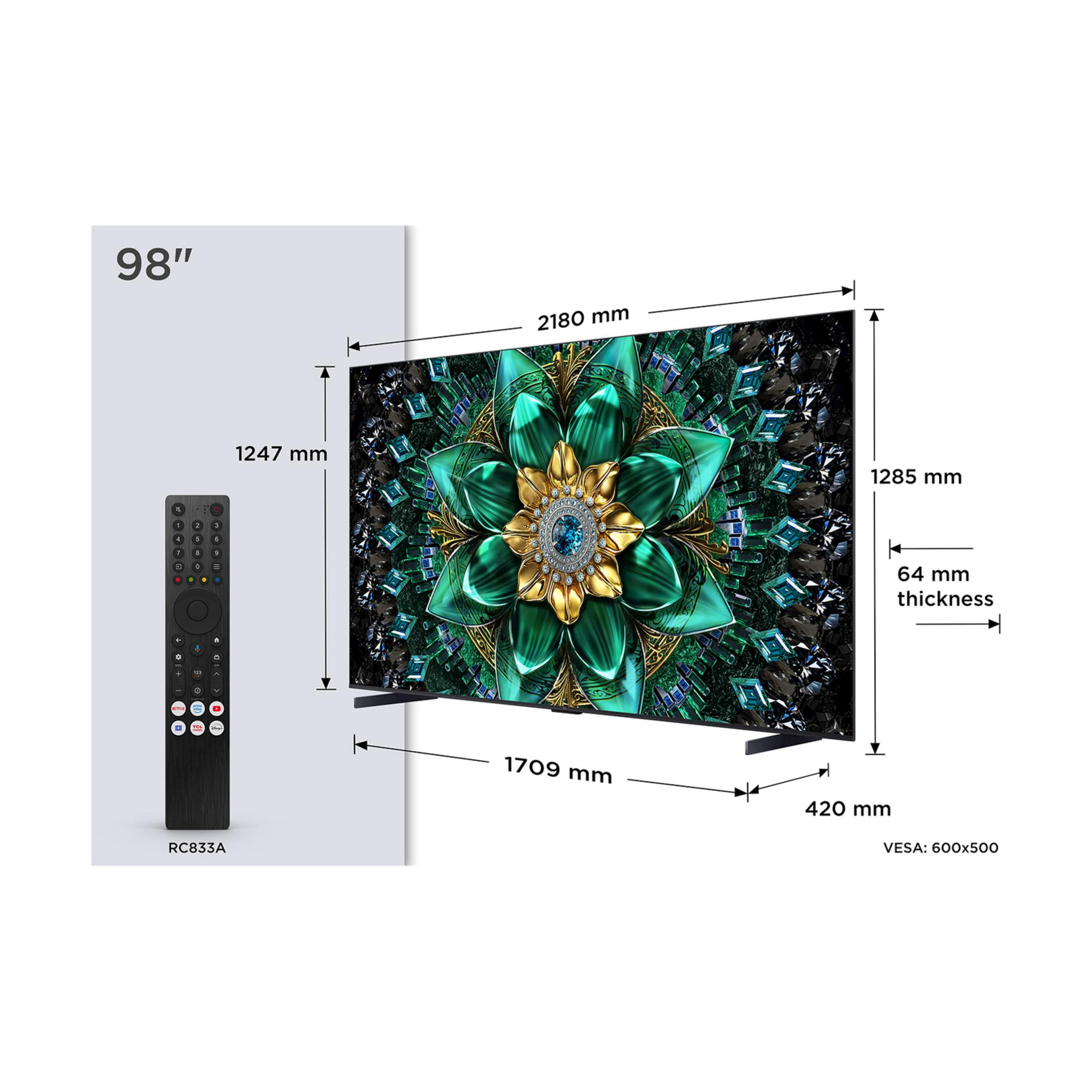 Telewizor 98-calowy z pilotem i wymiarami: 2180x1285x64mm.