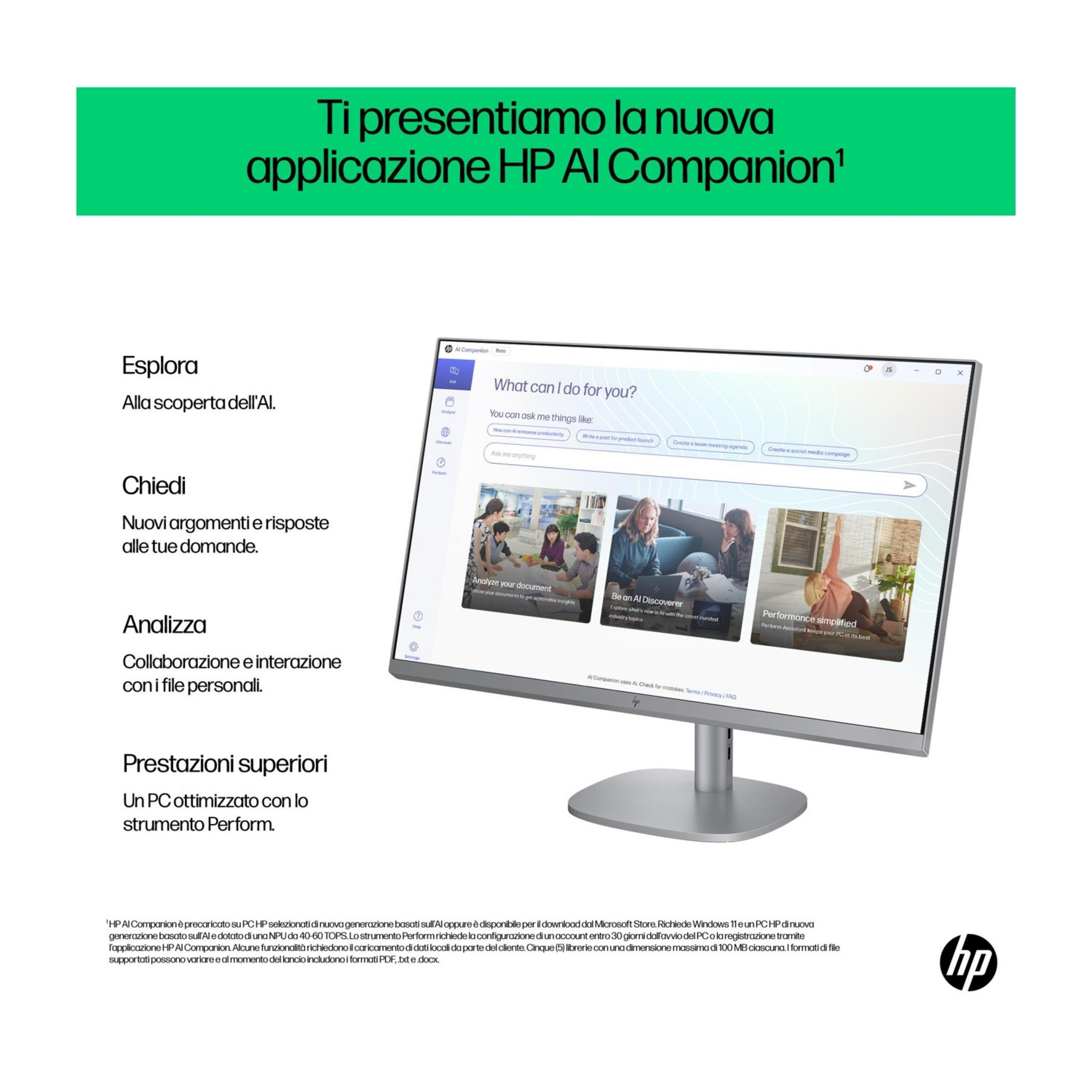 Aplikacja HP AI Companion na monitorze, pokazująca funkcje takie jak analiza dokumentów.
