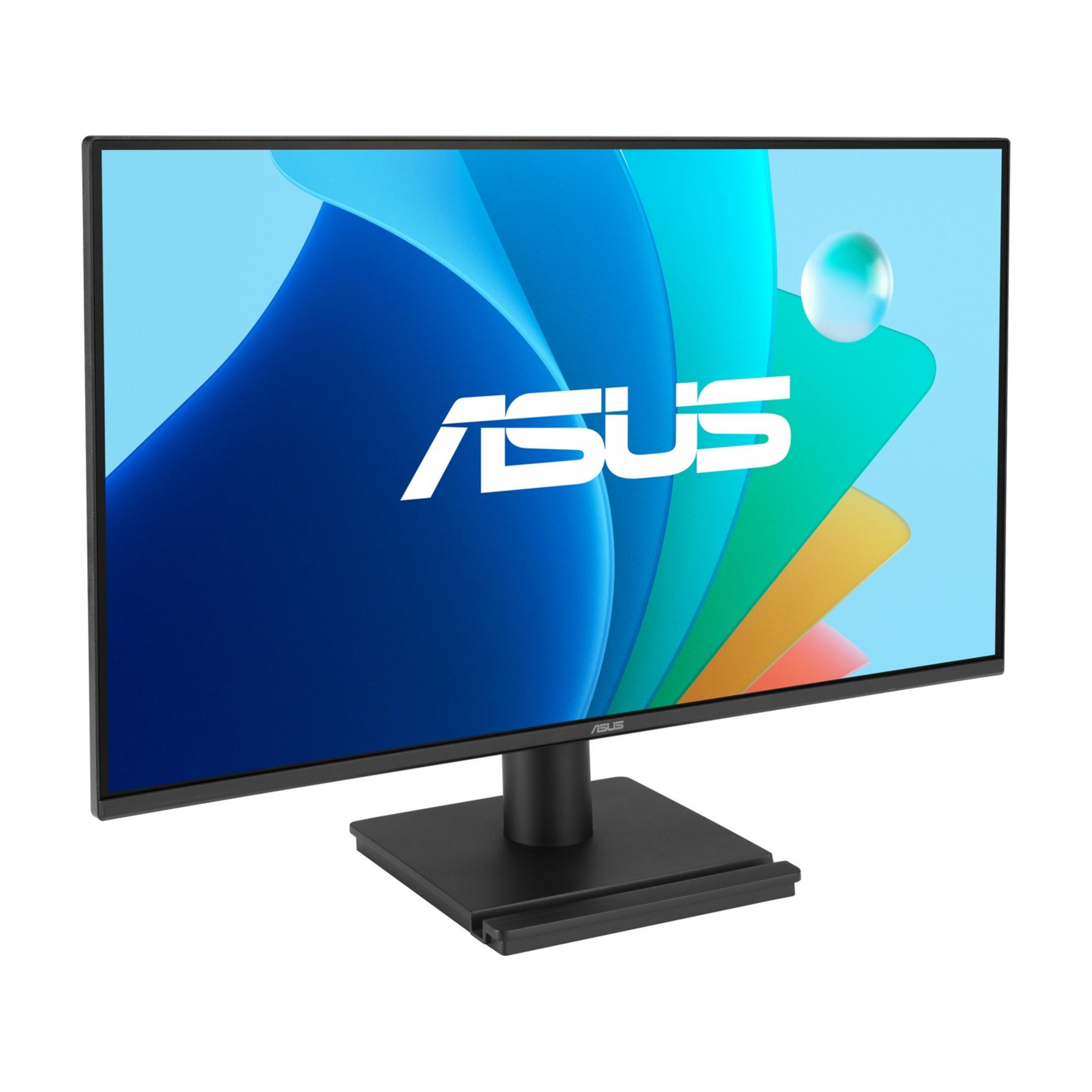 Czarny monitor Asus wyświetla kolorowe tło z logo Asus.