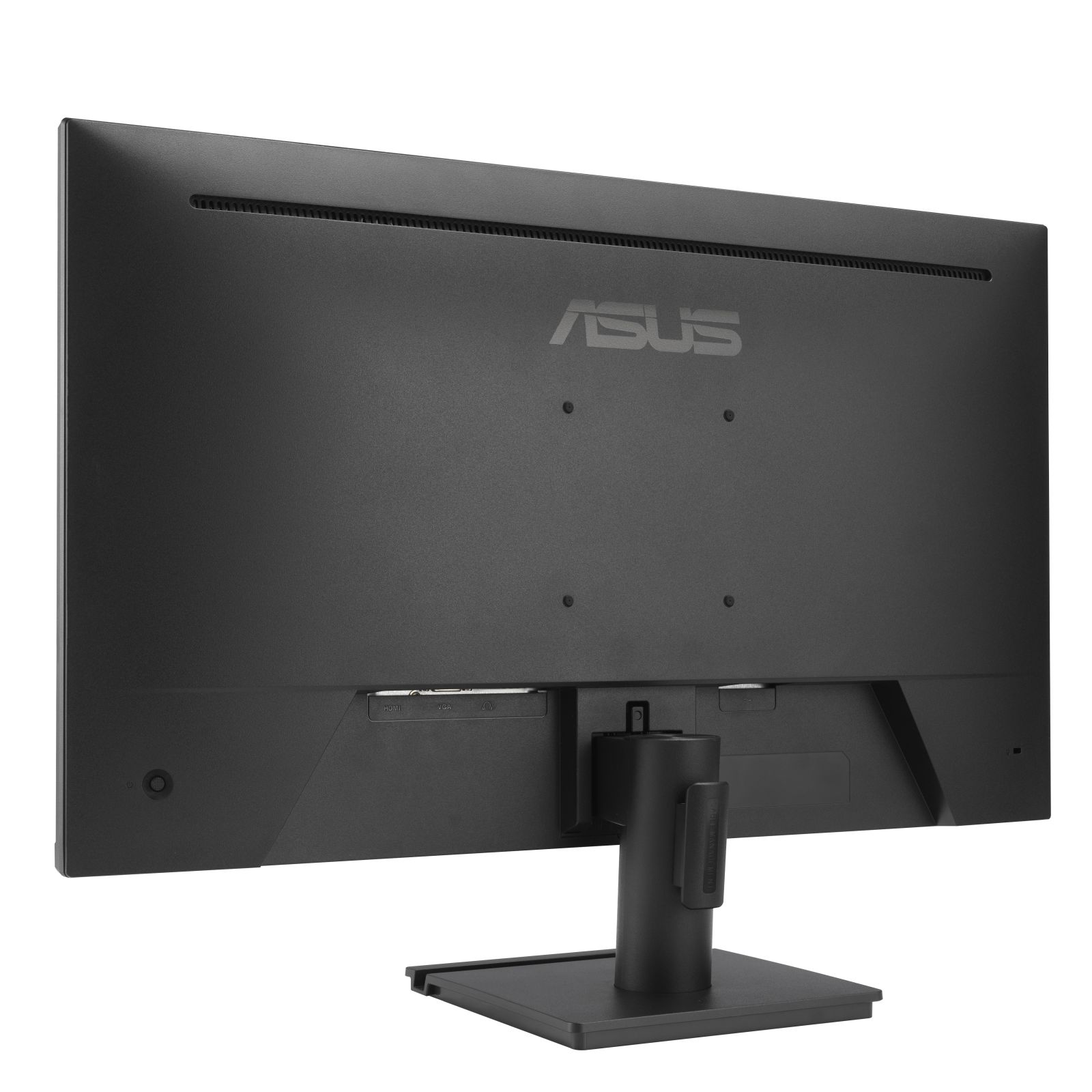 Tył czarnego monitora ASUS z portami i podstawką.