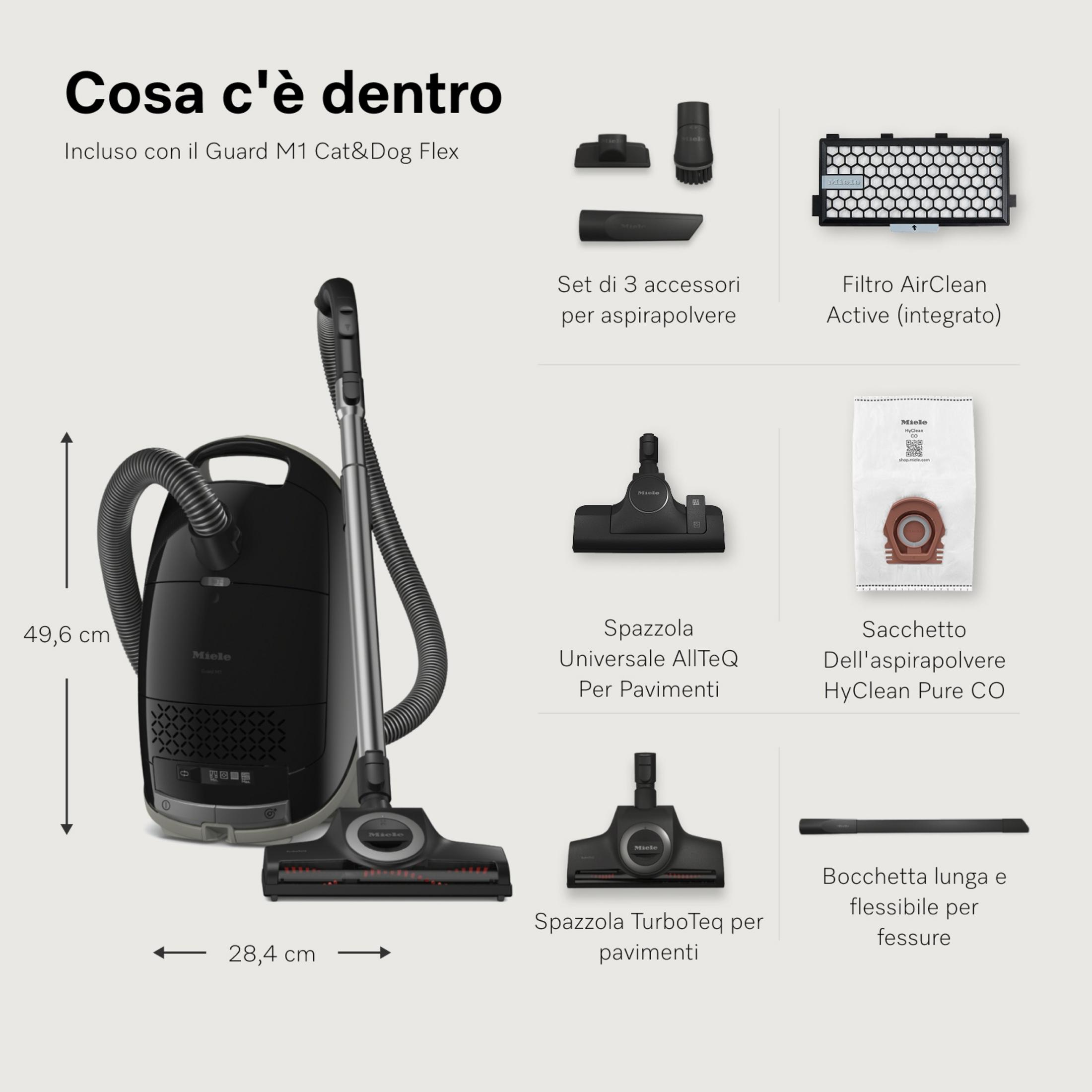 Un aspirapolvere Miele con accessori: bocchette, filtro, sacco.