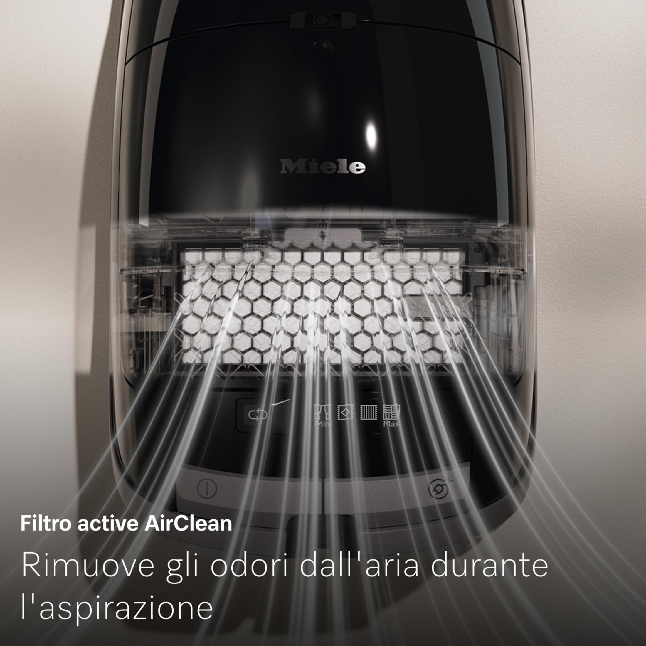 Un aspirapolvere Miele nero con filtro e flusso d'aria visibili.