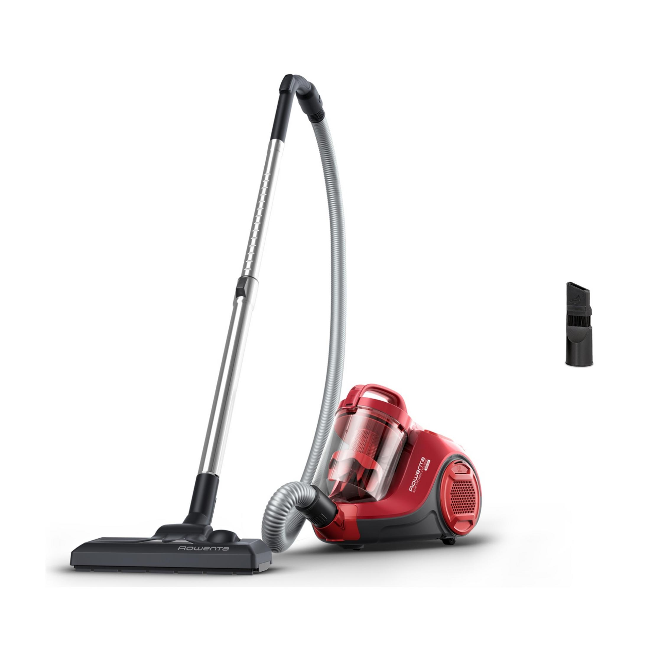 Czerwono-czarny odkurzacz z akcesoriami na białym tle.