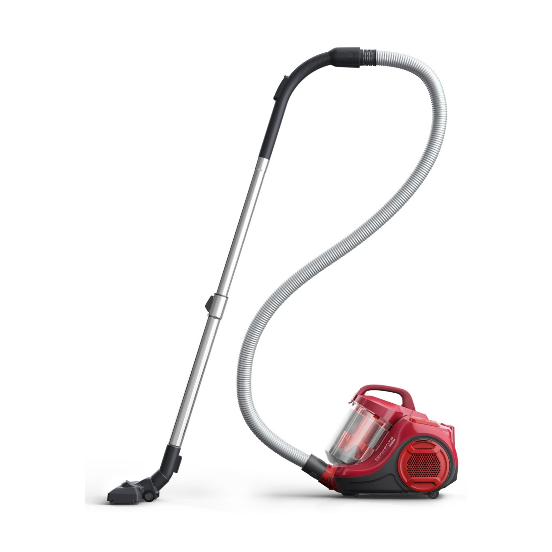 Czerwony odkurzacz z srebrną rurą i wężem na białym tle.