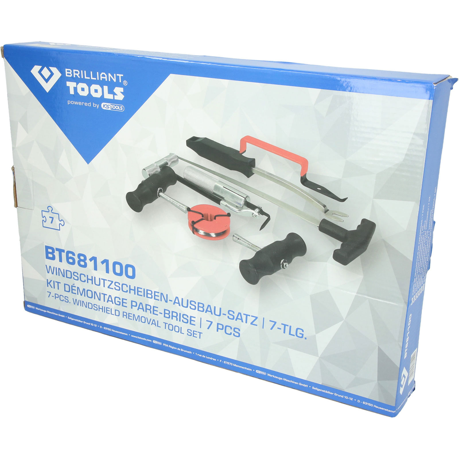 Werkzeugkasten mit Brilliant Tools Windschutzscheiben-Entfernungswerkzeug-Set.