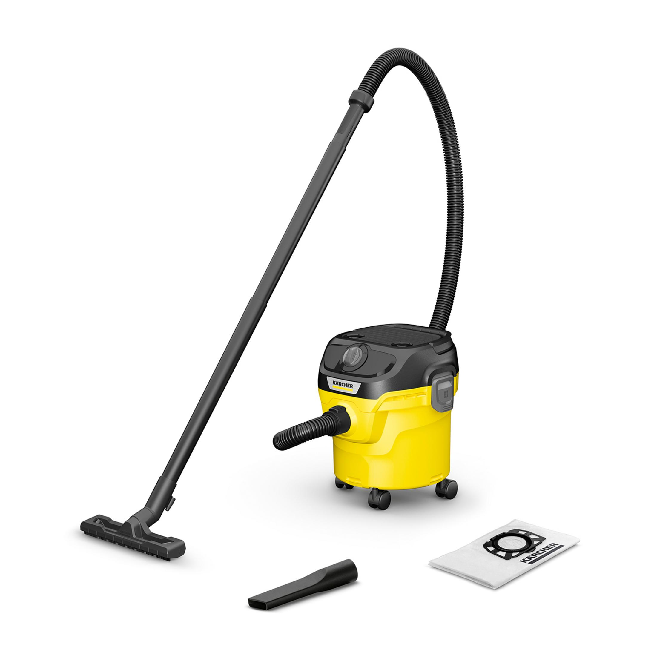 Żółty odkurzacz Karcher do pracy na mokro/sucho z wężem, rurą, ssawką podłogową i workiem.