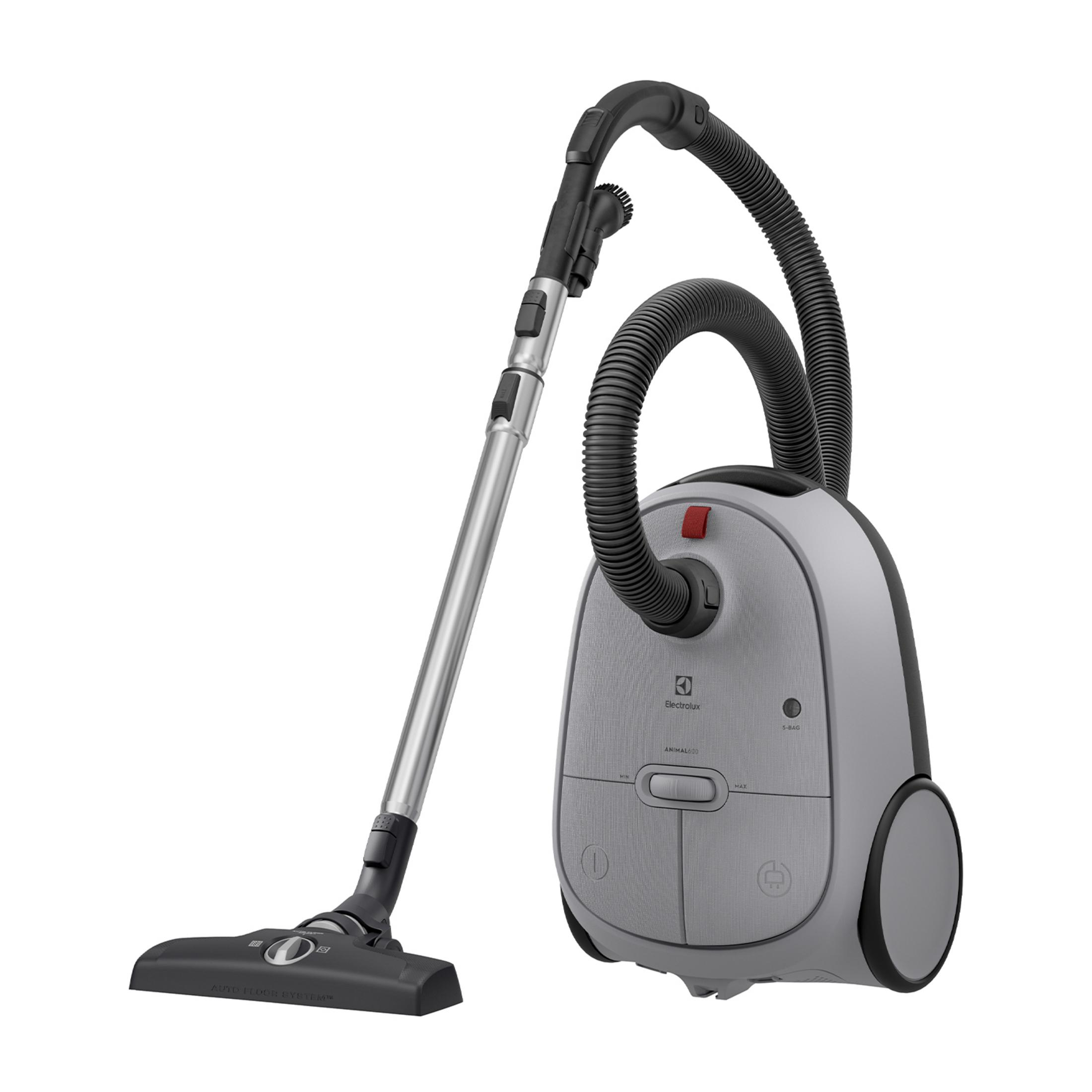 Szary odkurzacz z srebrną rurą i czarnym wężem.