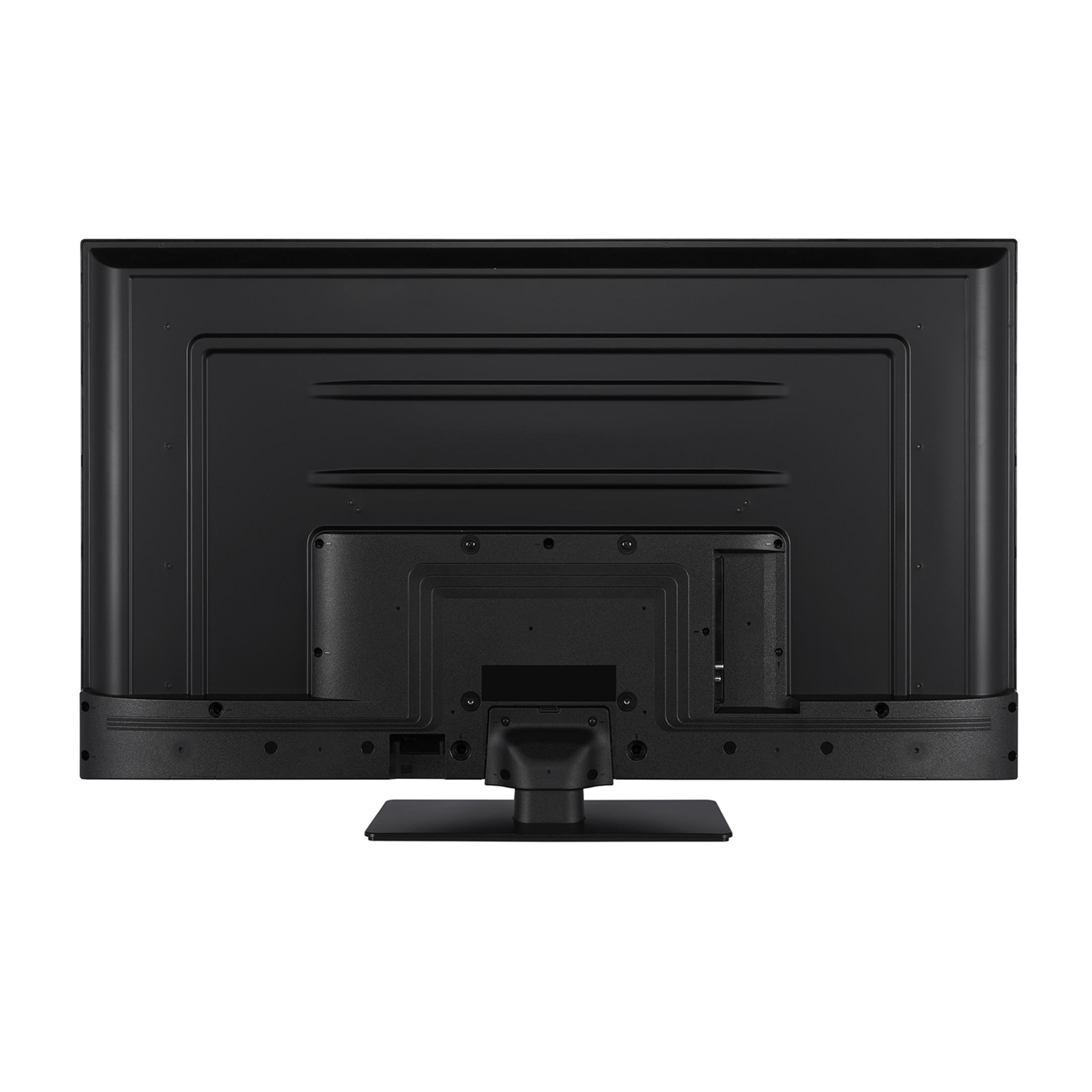 Tył czarnego telewizora ze stojakiem i portami. Czyste tło.